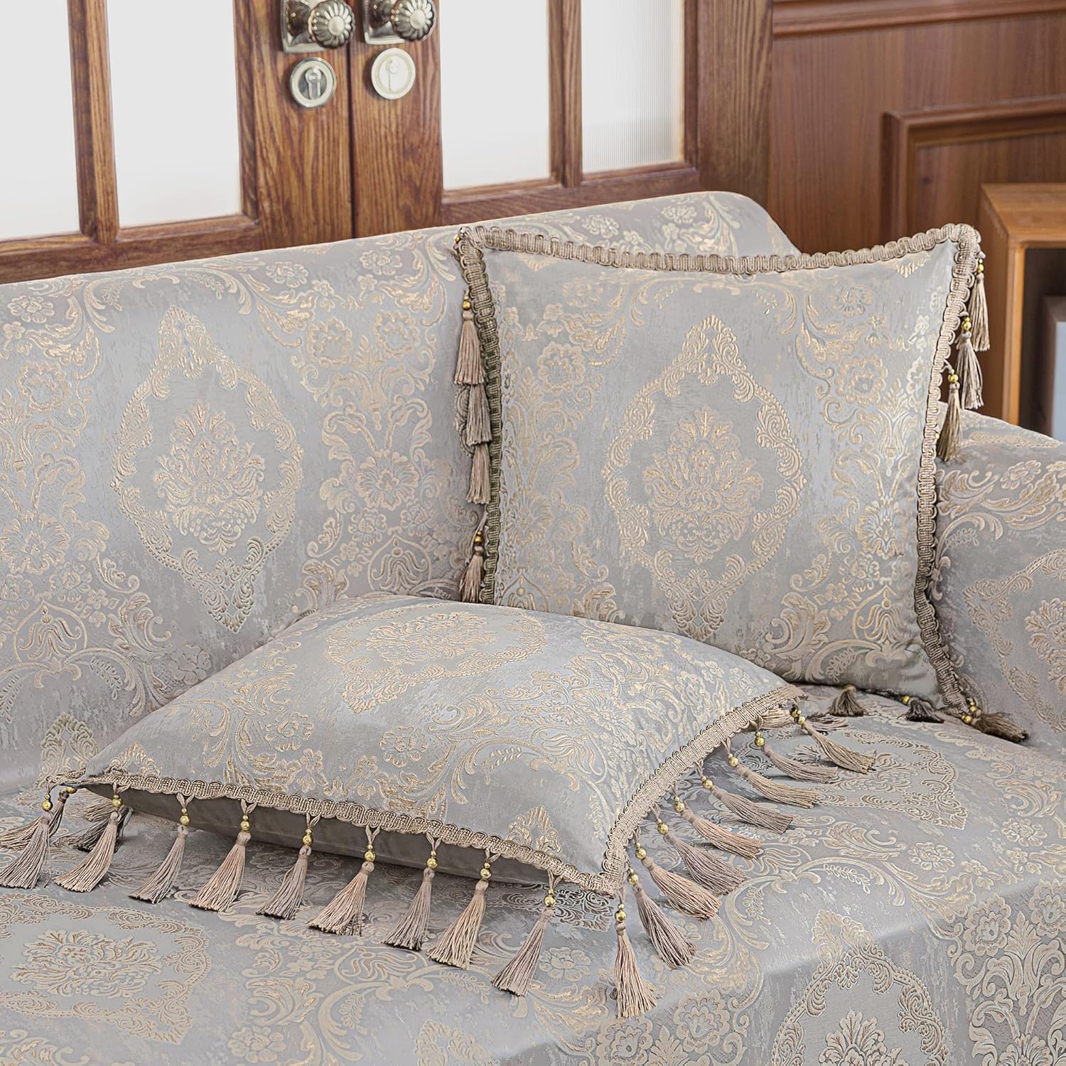 Loom and Mill Luxury Throw Pillow Cover 20 x 20 Inches 1 Piece, Jacquard Decorative Square Pillow Cover European Pillowcase with Lace Edge and Tassels for Bed Couch Sofa Car Home Decor, Gray&Beige 20" x 20" (Pack of 1) Gray&beige