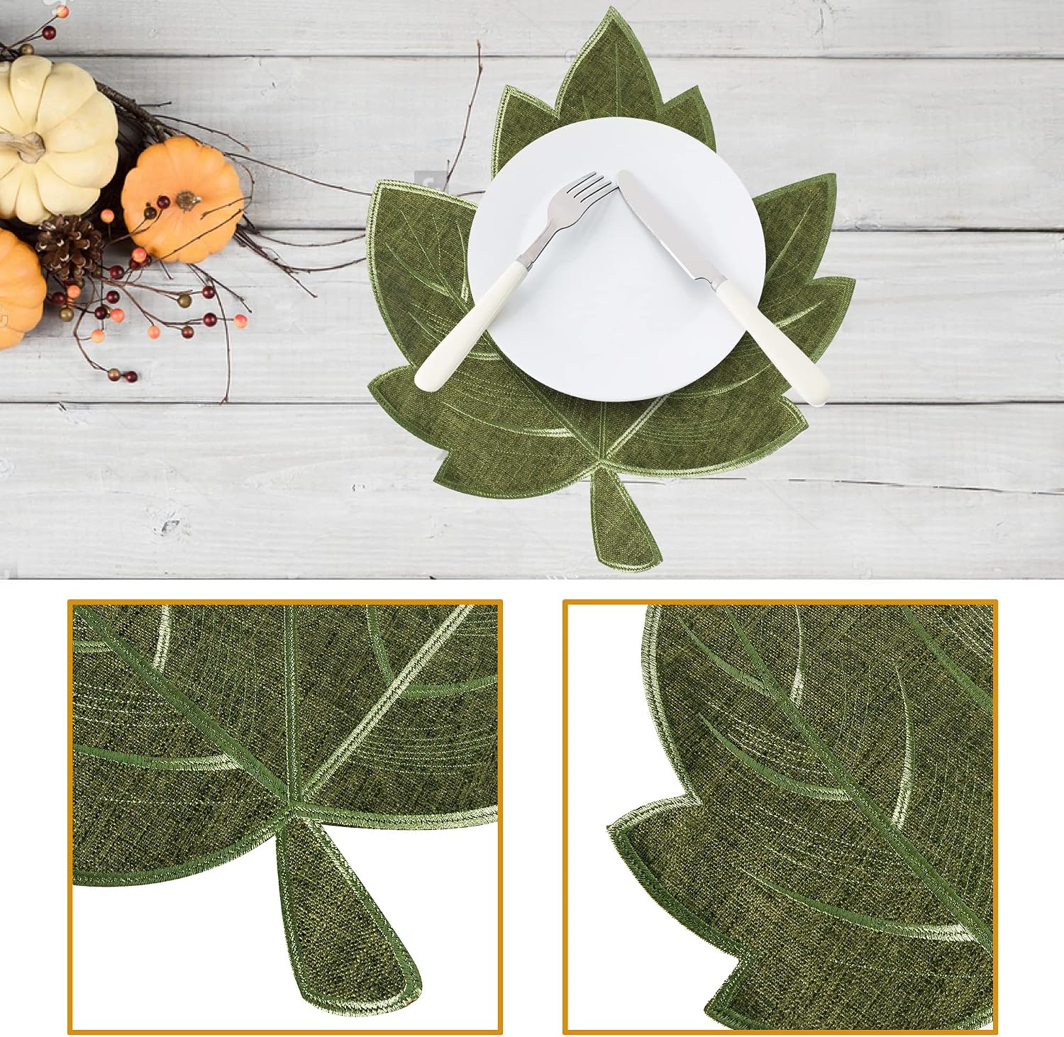 OWENIE Fall Leaves Placemats Set of 4, Embroidered Harvest Maple Leaf Place mats, Thanksgiving Autumn Decorations, Table Mats for Home Kitchen Dinning Table, Green, 15 inch x 17.5 inch