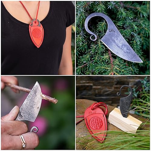 Miniatura 2 de Toferner Cuchillo de bolsillo celta, cuchillo forjado a mano con estuche de cuero negro, hoja endurecida, vintage, colección de arte antiguo, idea