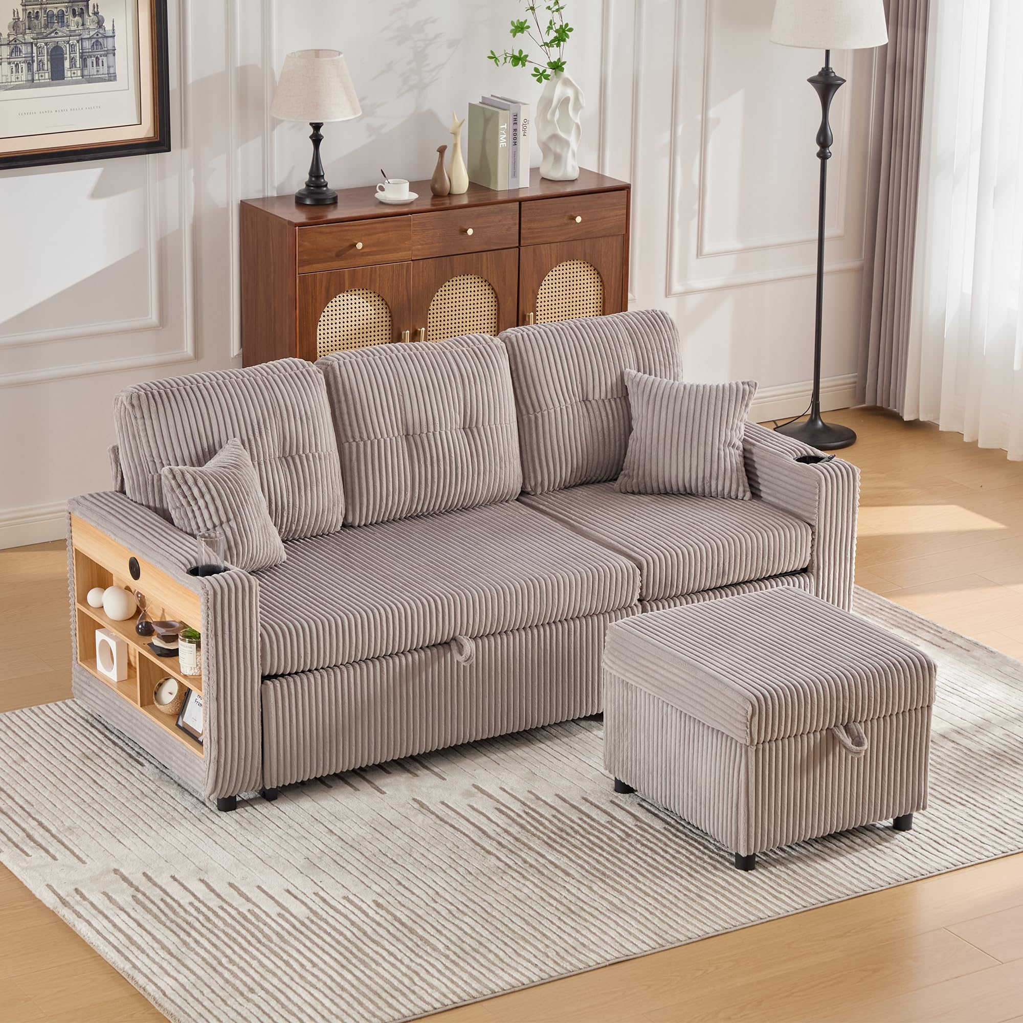 Modułowa sofa ze sztruksu, sofa do spania z wysuwaną funkcją spania i oświetleniem, składana sofa z poduszką na siedzisko i oparcie, kolor jasnoszary