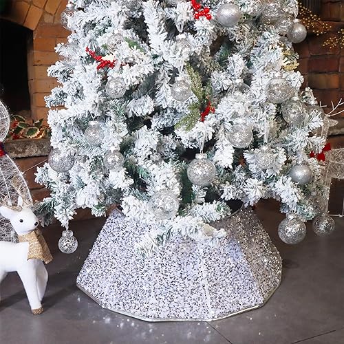 Miniatura 82 de Blissun Collar de árbol de Navidad, falda de árbol de Navidad con lentejuelas, anillo plegable para árbol de Navidad, cubierta de base
