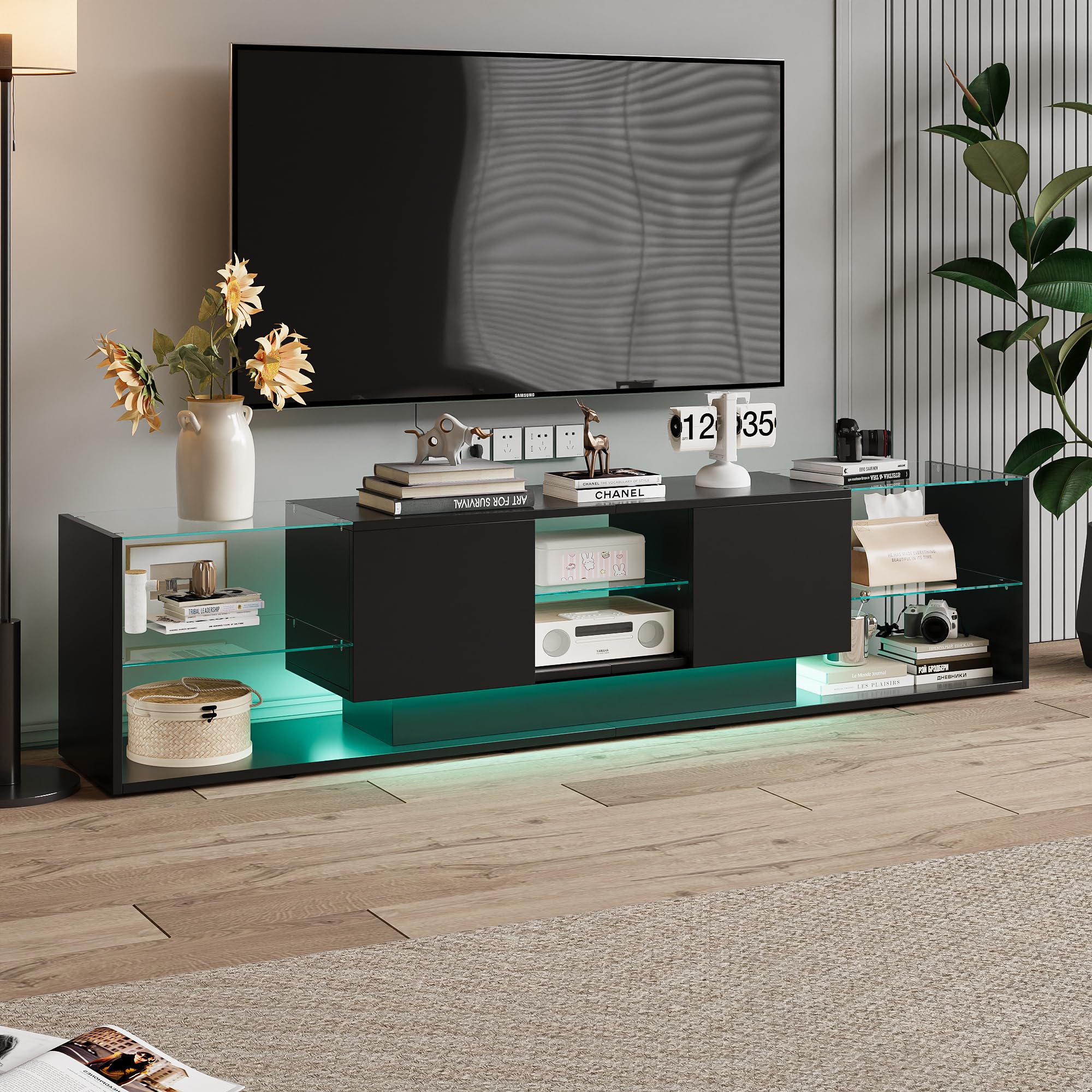 Mueble de TV con luces LED para televisores de hasta 85 pulgadas, moderno y brillante, con espacio de almacenamiento y estantes de cristal abiertos, para salón, dormitorio, color negro