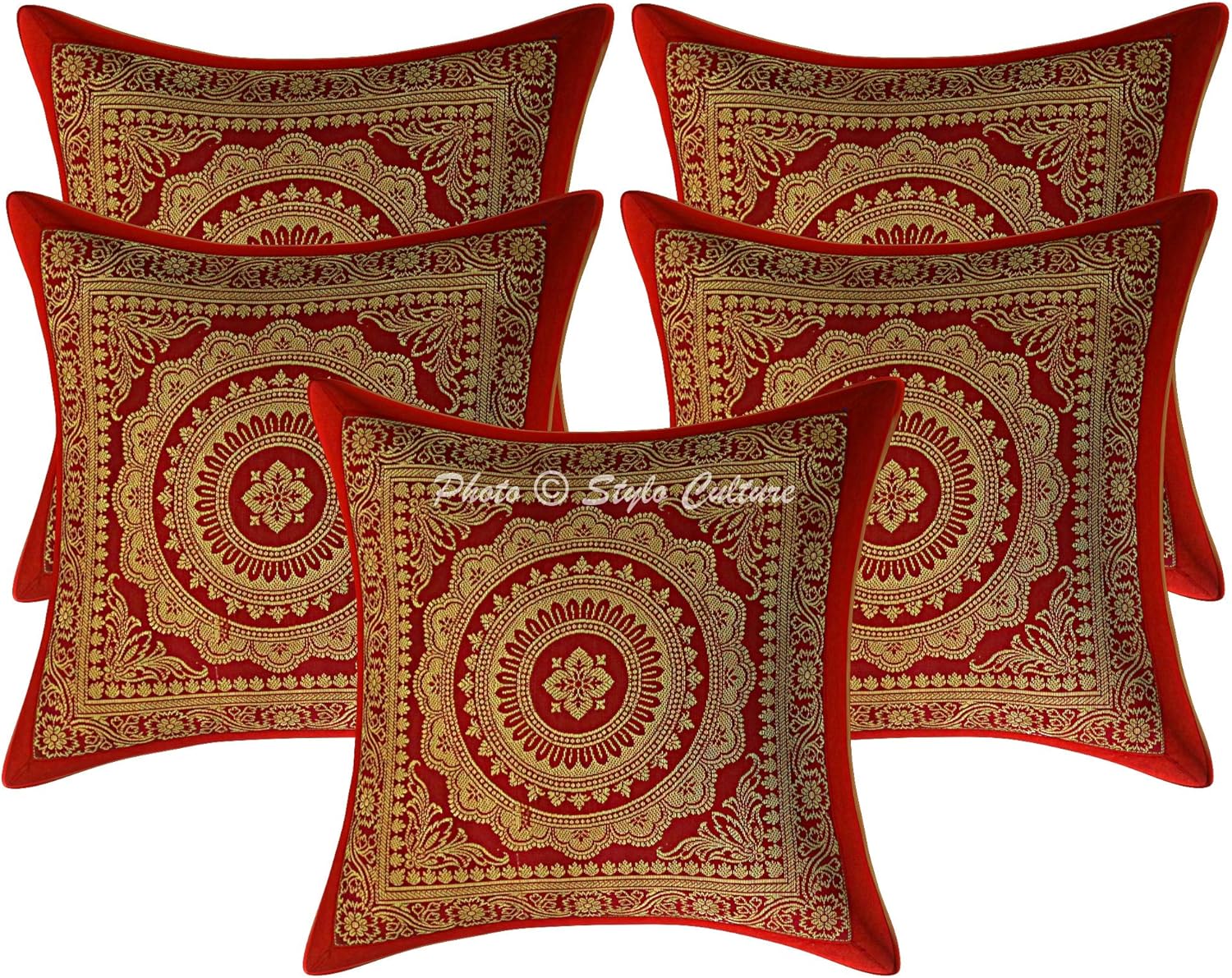 Indian Decorative Sofa Couch Accent Throw Pillow Covers 30x30 cm Brocade Bed Room Maroon Mandala Jacquard Square Luxury Zippered Ethnic 12x12 Inch Cushion Covers - 5 Pcs