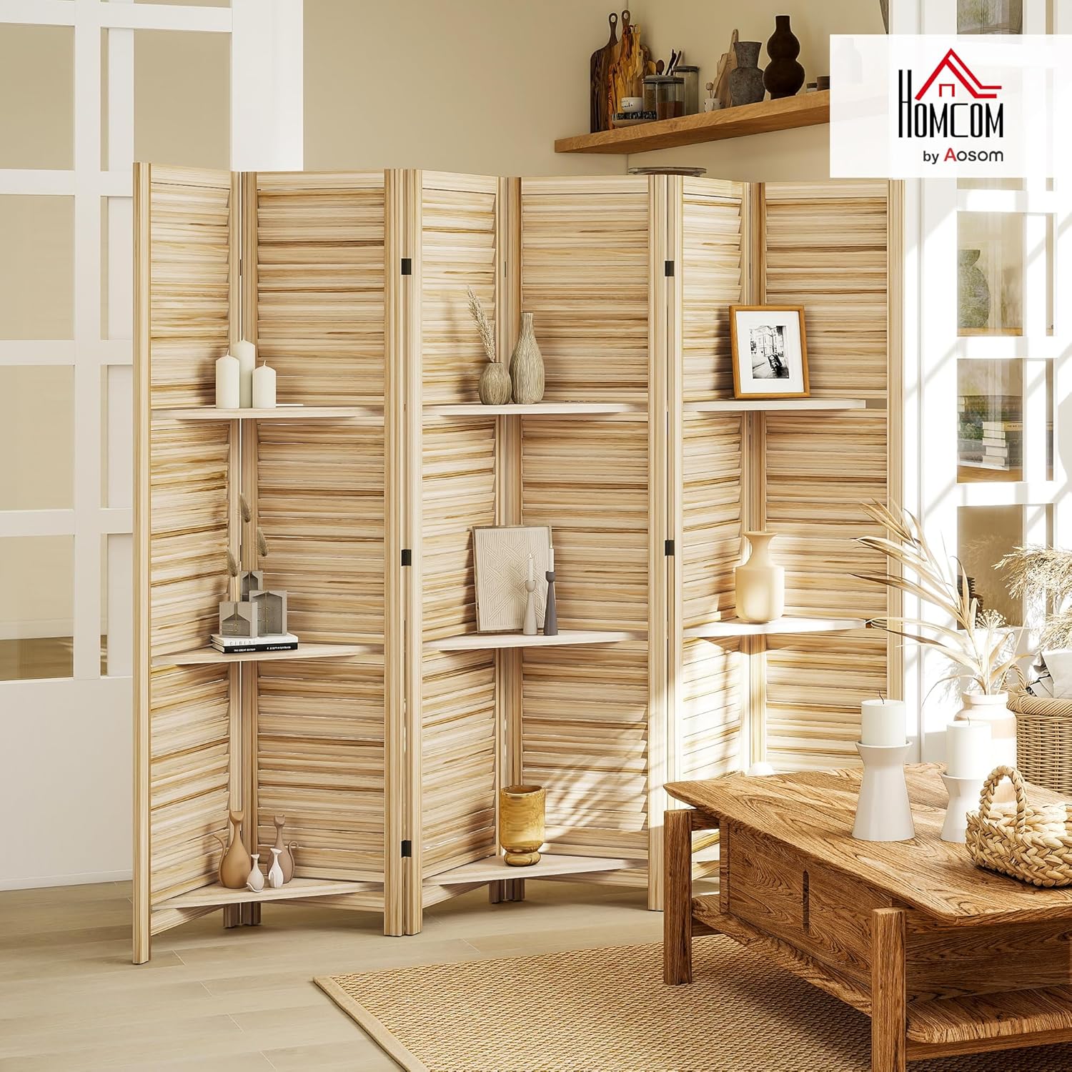 HOMCOM Room Divider, 6 Panel 67" Tall Wood Privacy Screen with 3 Display Shelves, and Folding Storage for Bedroom or Home Office, Natural Wood 6 Panel Natural Wood