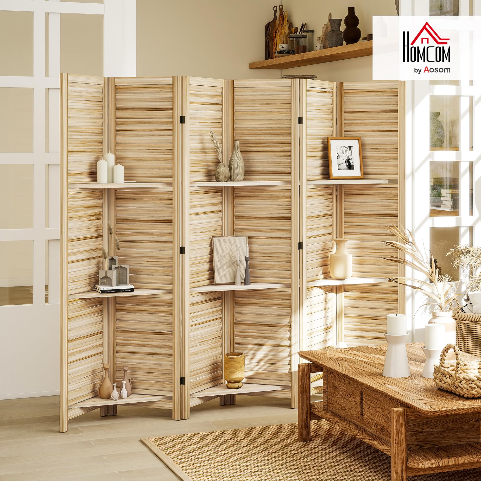 HOMCOM Divisorio con mensole, 6 pannelli, 67" alto, legno naturale