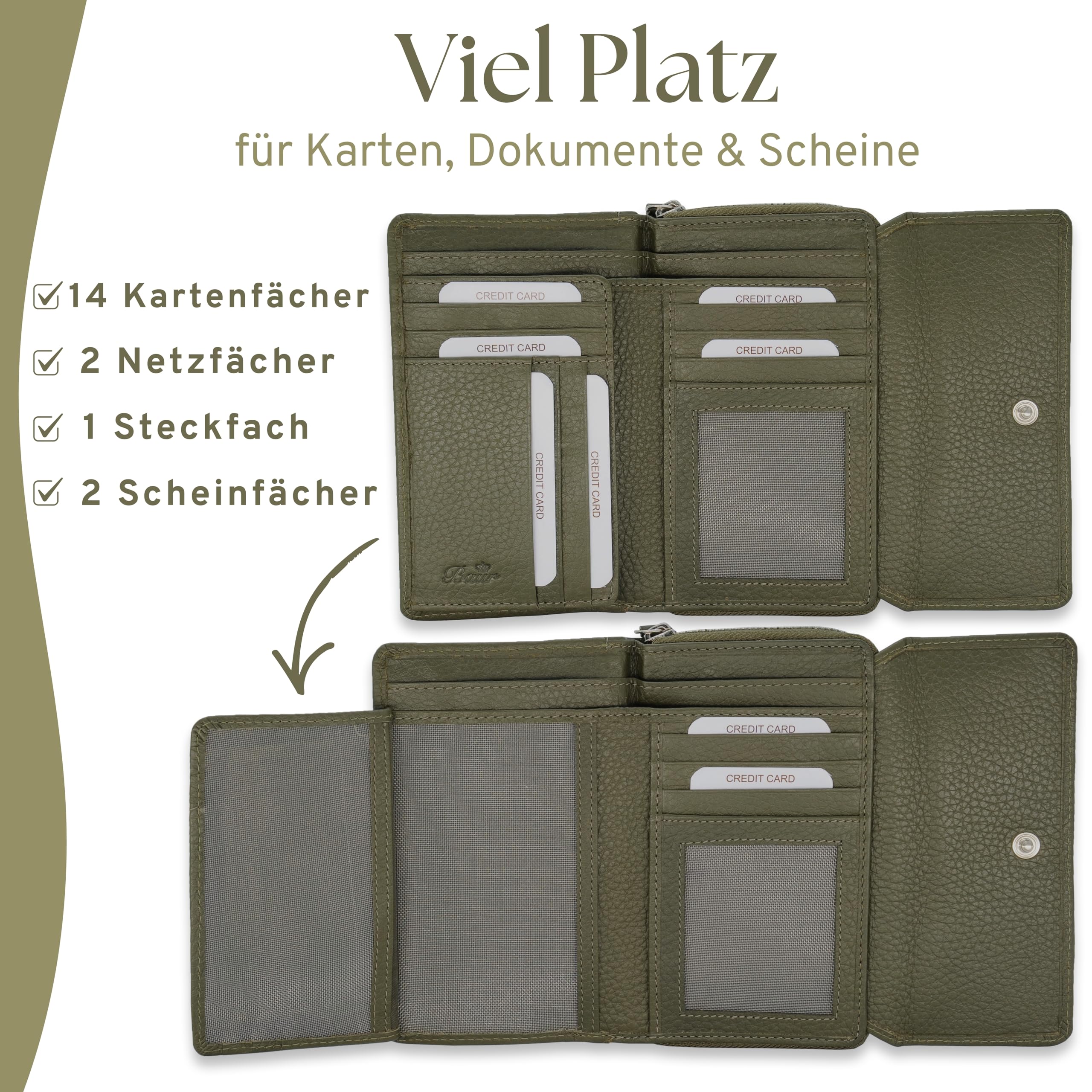 Baur - Große Damen Geldbörse aus echtem Leder mit RFID-Schutz (Olive-Grün) | Großes Portemonnaie, 14 Kartenfächer, Druckknopfverschluss, Münzfach mit Reißverschluss, geprägtes Rindsleder