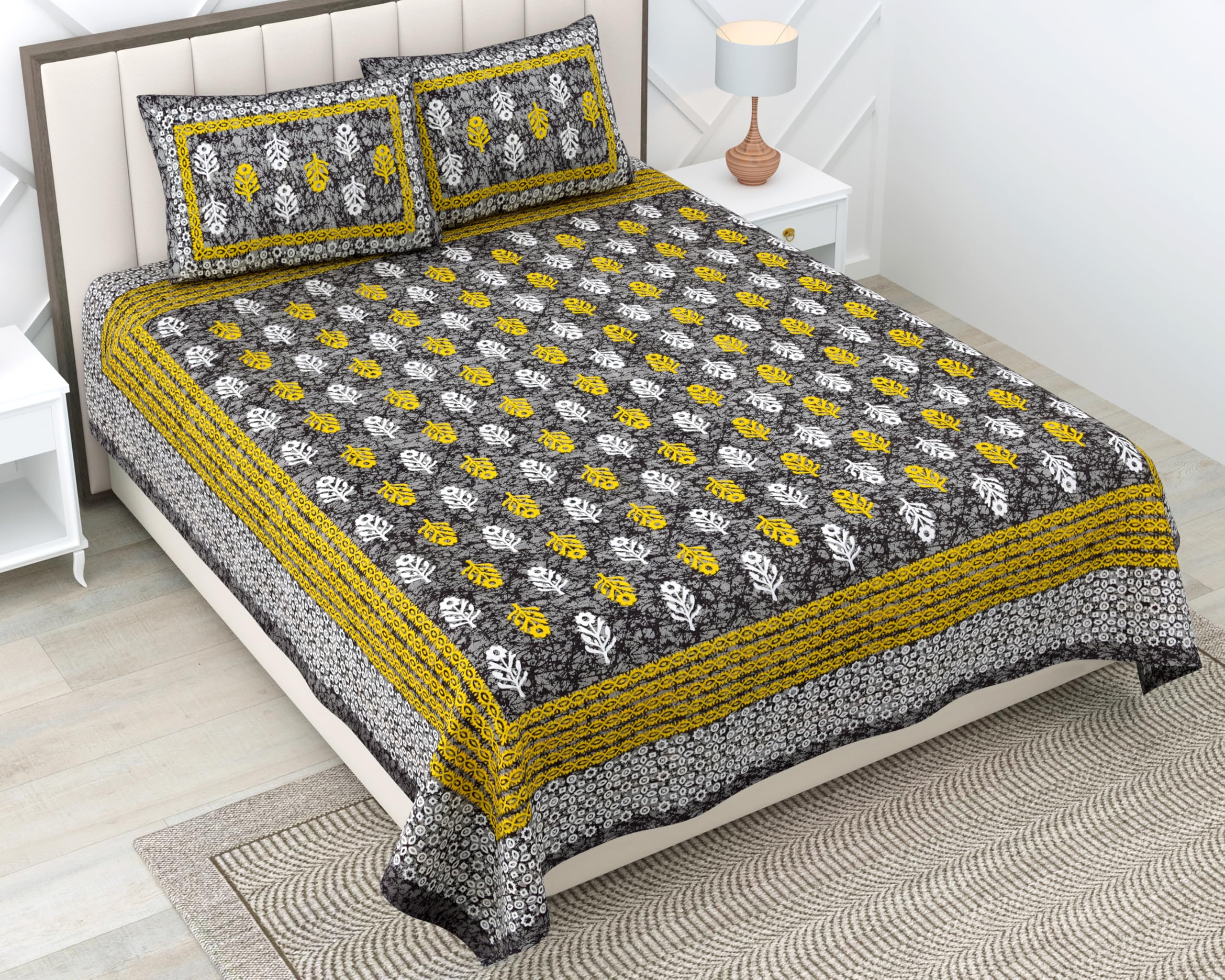 RajasthaniKart® 100% Cotton 180 TC King Size BEDSHEET with 2 Pillow Cover - 90X108 (Suitable for King Size Bed Sheet or Double Bed, Grey Booty Jaipuri, 5301)