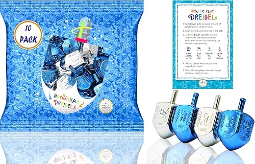 The Dreidel Company Paquete de 10 Dreidels de Plástico Metálico Plateado y Azul de Hanukkah con Traducción al Inglés, Peonzas Incluye Tarjeta de