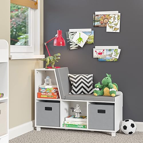 Miniatura 15 de RiverRidge Book Nook Collection Cubbies para niños con banco de almacenamiento de 2 piezas, color blanco con cubos grises Blanco con contenedores