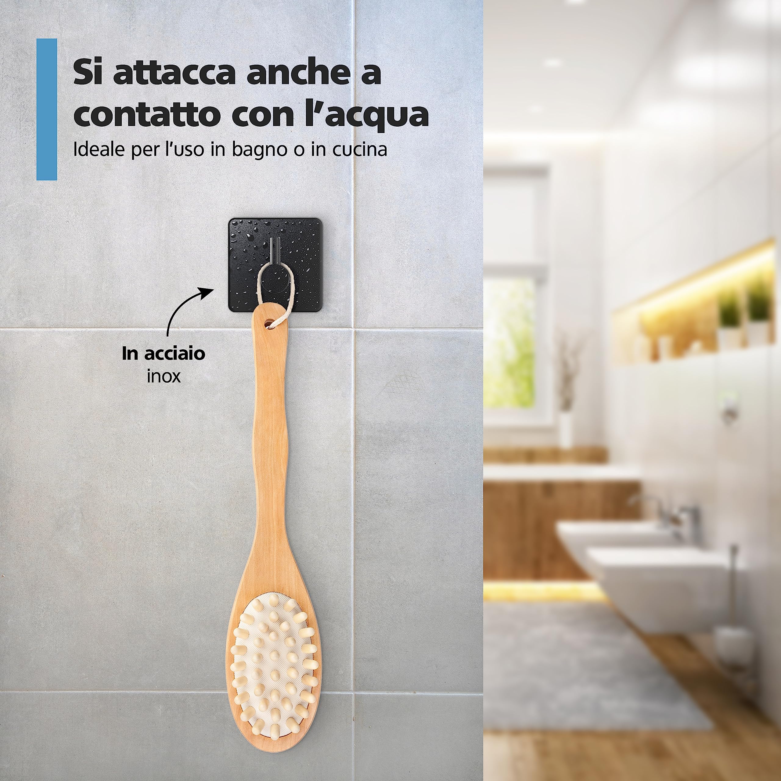 Ganci da parete auto-adesivi senza forare set di 4 in nero - Ganci adesivi idrorepellenti in acciaio inox - Fino a 8 kg - Ganci per asciugamani o accappatoi - Per bagno e cucina, ecc.
