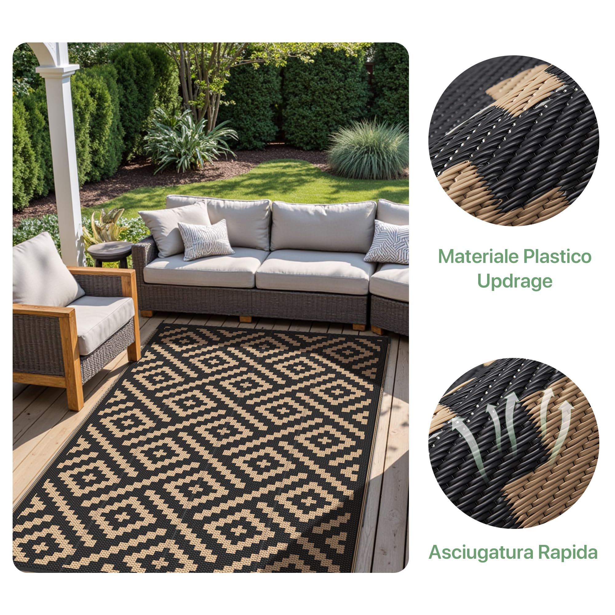 GENIMO Tappeto Outdoor 9x12 ft Impermeabile Reversibile Pieghevole Antivento con Picchetti per Terrazzo Giardino Camper Balcone - Nero Marrone