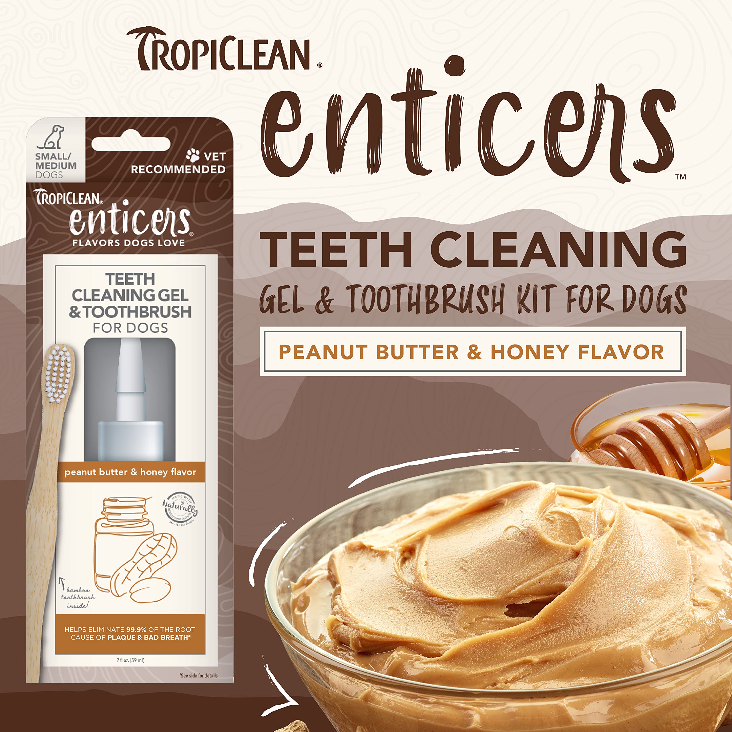 TropiClean Enticers Teeth Cleaning Gel & Toothbrush for S/M Dogs | Peanut Butter & Honey | Bamboo Brush Speeds Up Plaque Removal | Gell Helps Fight Bad Breath | 2 oz
