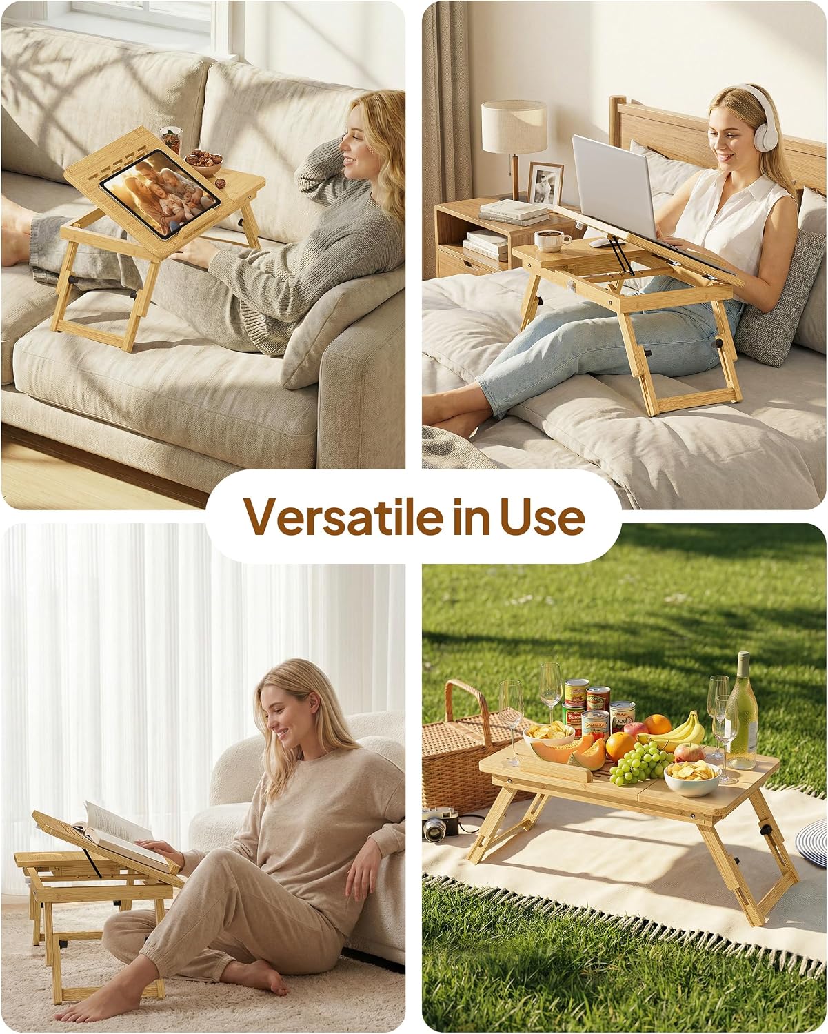 Bamboo Lap Desk,Adjustable Bed Desk with 4 Angle Options and Folding Design,Laptop Stand for Bed,Writing,Office Work,Drawing,Sofa & Travel