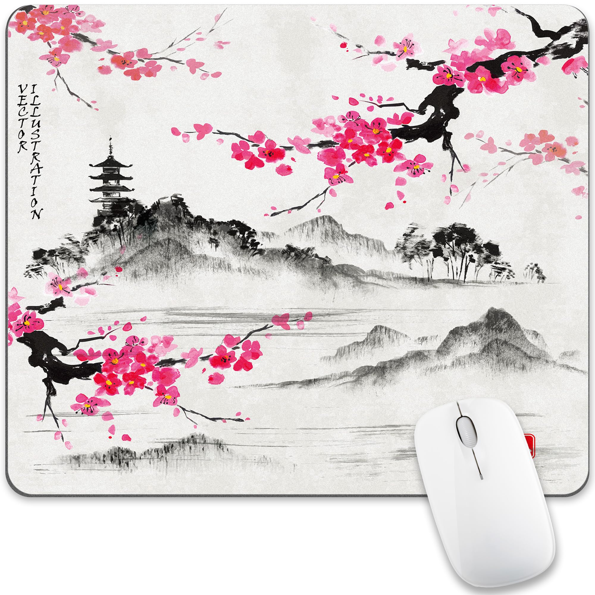 Cherry Blossom Mouse Pad Sakura Japanese Gray Mousepad Desk Grey Pink White Flower Floral Tree Japan Vintage Watercolor Aesthetic Landscape Scenery Computer Gaming Square Art Mat Accessories Travel