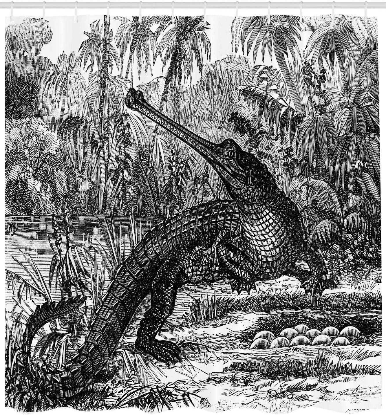 Ambesonne Vintage Shower Curtain, Old Fashion Sketch of a Crocodile in Forest Wildlife Nature Woods Fossil Picture, Cloth Fabric Bathroom Decor Set with Hooks, 69" W x 75" L, Charcoal Grey