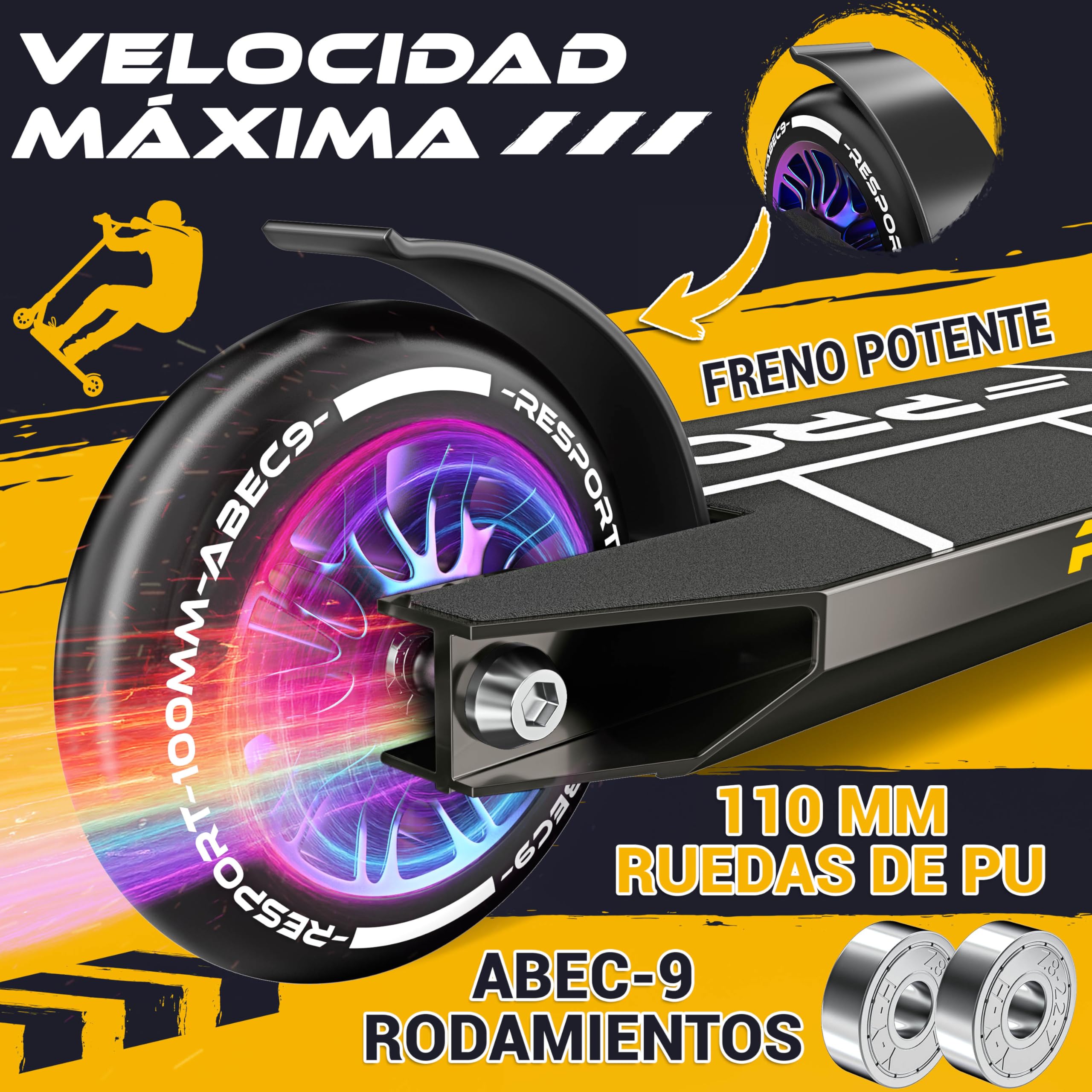 RE:SPORT Patinete de acrobacias Revo Pro para niños y adultos con soporte, patinete profesional de 110 mm, ruedas de poliuretano y barra en Y, patinete de acrobacias, patinete ABEC 9, rodamientos de