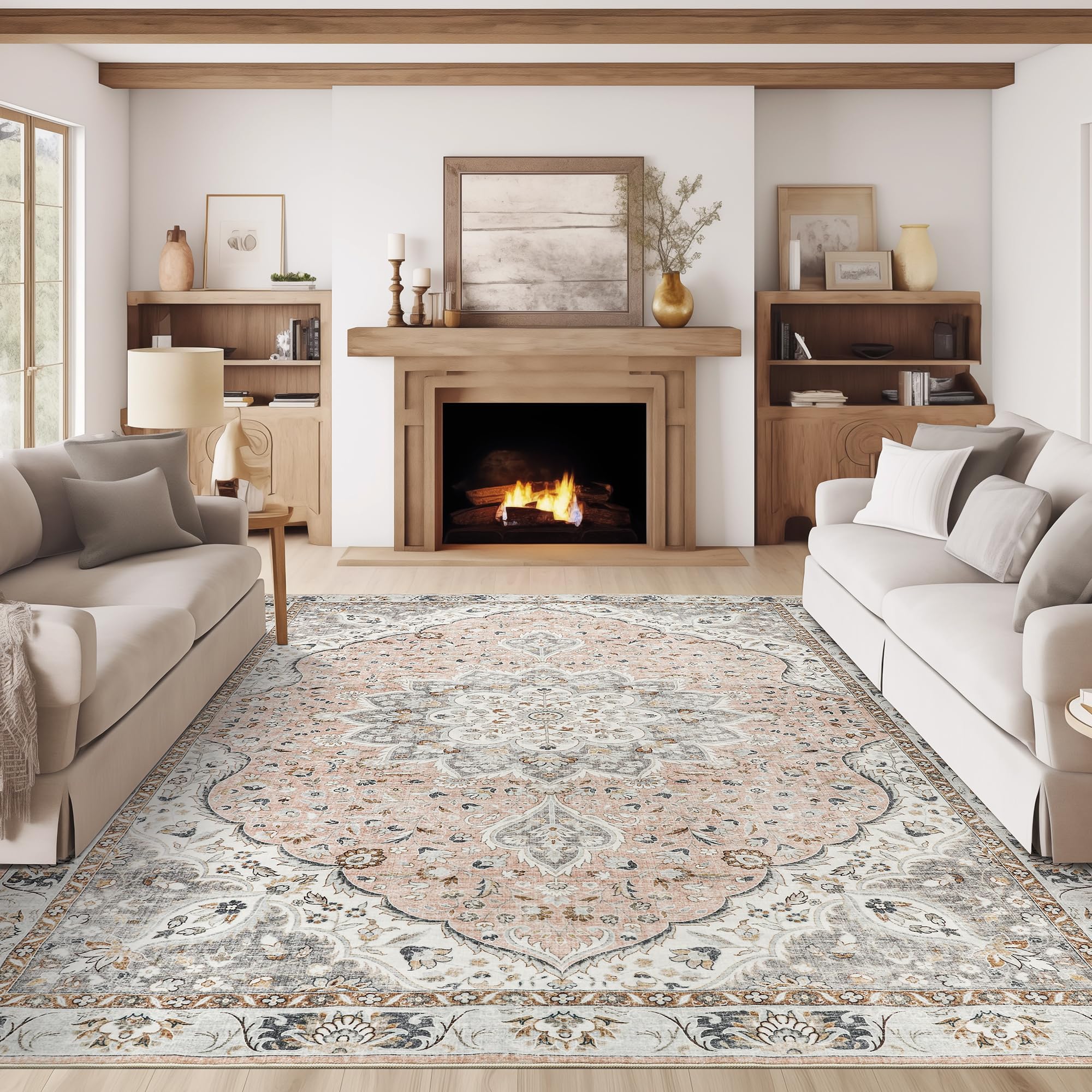 befbee Washable Rug 8x10 Area Rugs for Living Room - Stain Resistant Non-Slip Backing Rugs for Bedroom - Vintage Large Area Rug (Peach/Gray, 8'x10')