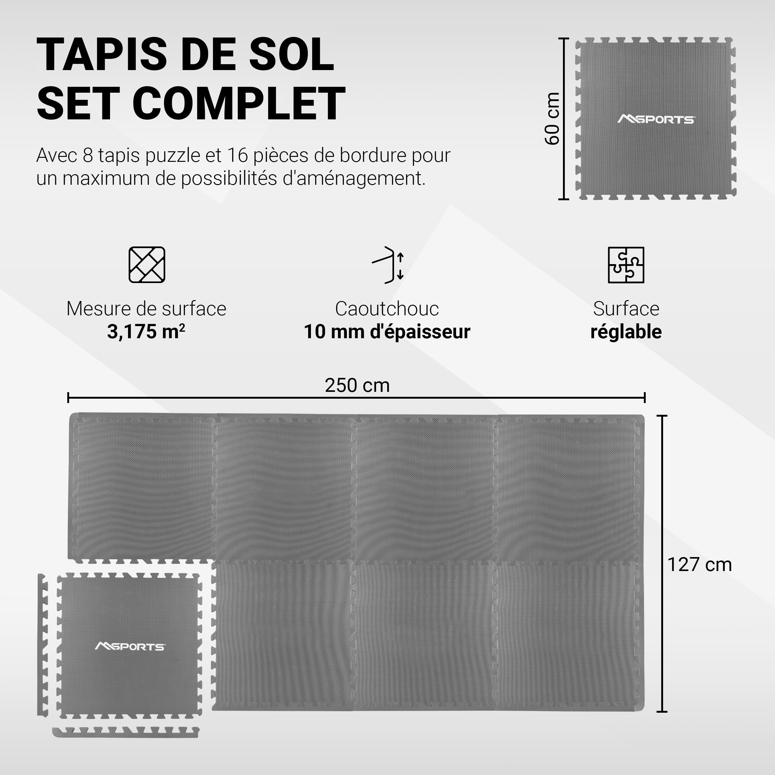 MSPORTS Lot de 8 tapis de protection de sol de qualité supérieure (3,2 m²) - Tapis de gymnastique, de yoga et de fitness antidérapants pour la gym, le yoga et l'entraînement - Gris
