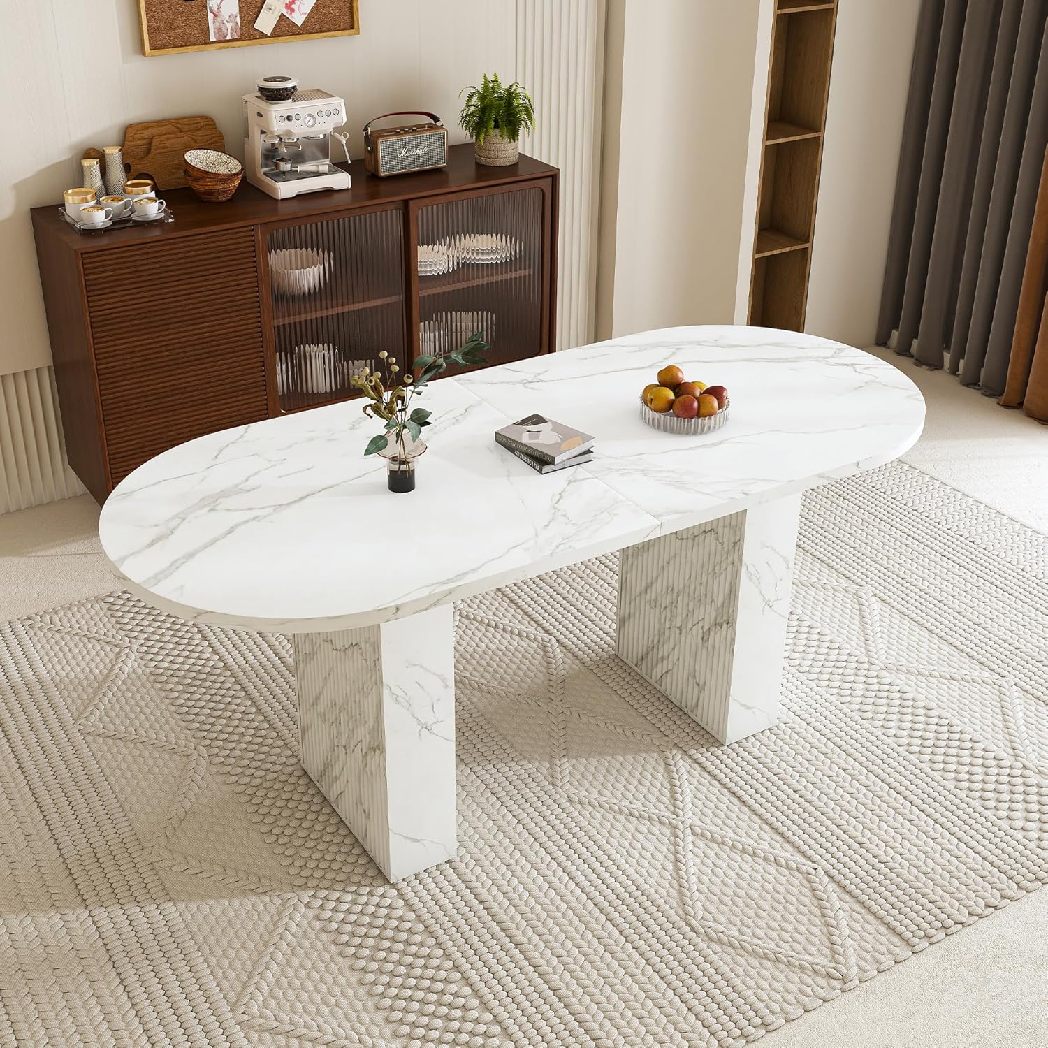 Amazon.com - 62.9" Oval Dining Table for 6 People, Modern Marble Top Kitchen Table with Wood ...