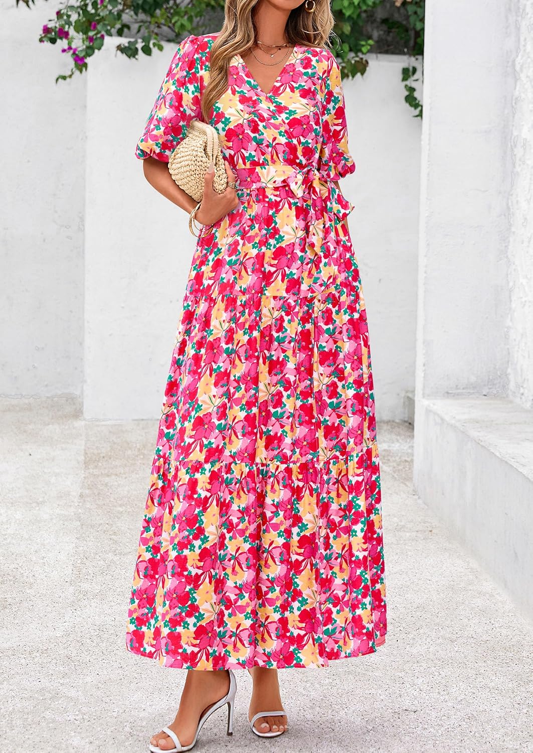 PRETTYGARDEN Women's Summer Maxi Dress 2026 Resort Wear Boho Floral V Neck Puff Short Sleeve Ruffle Flowy Beach Long Dresses