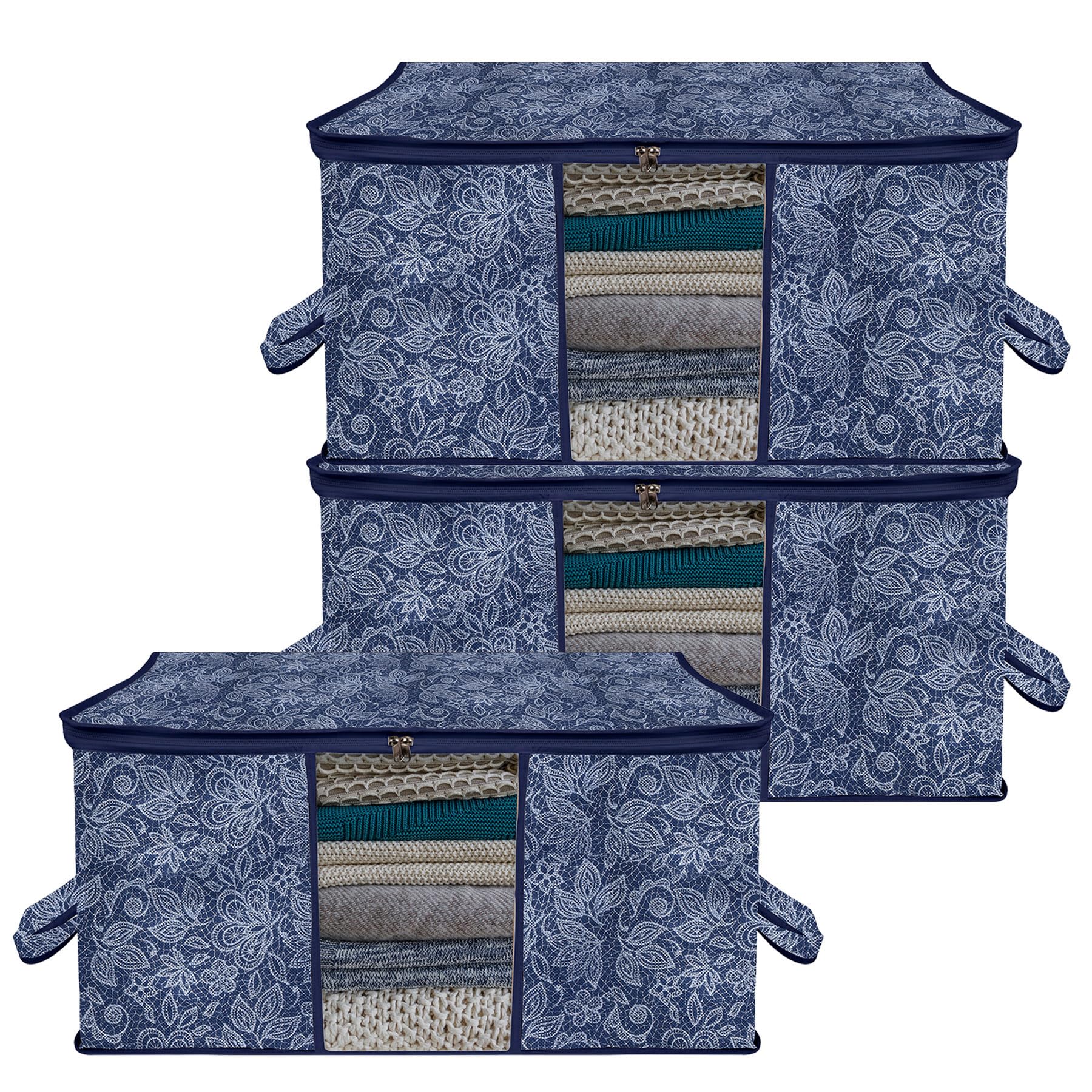 Kuber Industries Pack of 3 Underbed Storage Bag | Visible Window Wardrobe Bag | Closet Organization with Handle | Clothes Storage Organizer | Flower Printed Storage Bag | Navy Blue