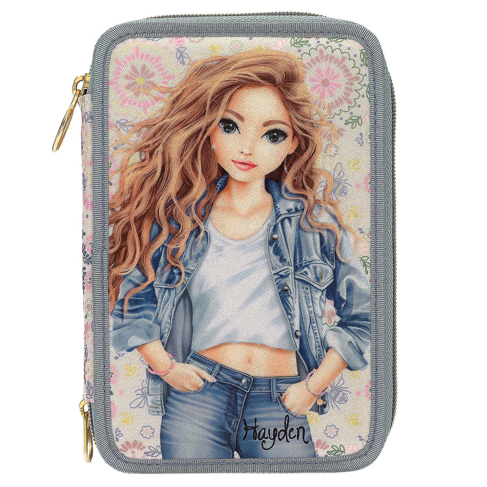 Depesche 14020 TOPModel Festival Fun Filled Pencil Case with 3 Compartments in Dark Blue and Cream with TopModel Motif and Flower Pattern, Pencil Case with Colouring Pencils, Scissors, Ruler and Much
