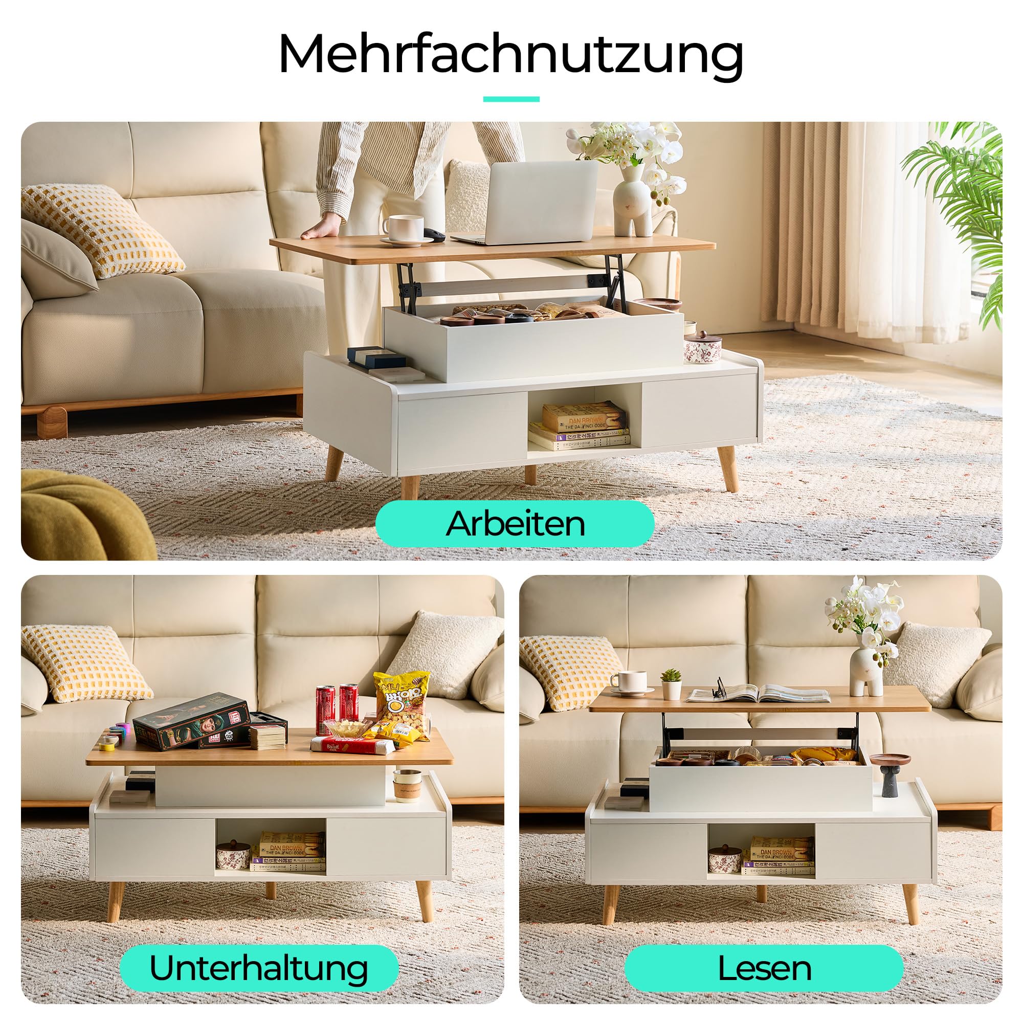 LINSY HOME Couchtisch Höhenverstellbar mit Stauraum, Höhenverstellbarer Coffee Table, Wohnzimmertisch mit 2 Großem Schubladen, 60 x 100cm Sofatisch