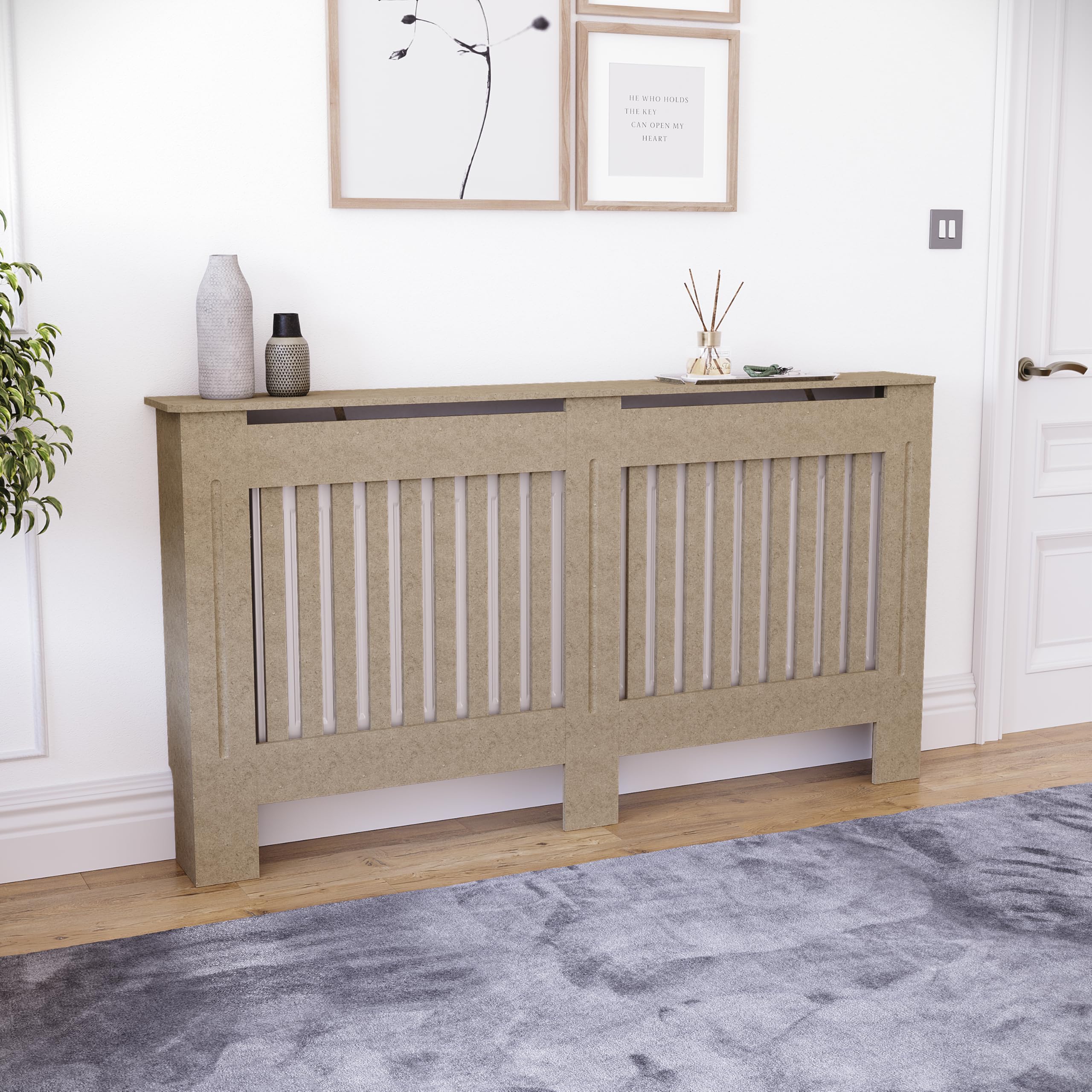 Vida Designs Chelsea Radiator Cover Unfinished - Large - Modern Vertical Slat Design For Optimal Heat Circulation - H82xW152xD19cm - Unpainted MDF Cabinet Ideal For Living Room & Hallway