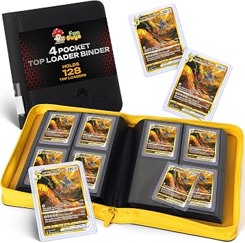 FunGuys Toploader Binder 4 Pocket Trading Card Binder for 128 Top Loaders, Pokemon Card Binder, MTG, Yugioh, Sports Cards, TCG Storage Album, Zipper Card Collector Folder