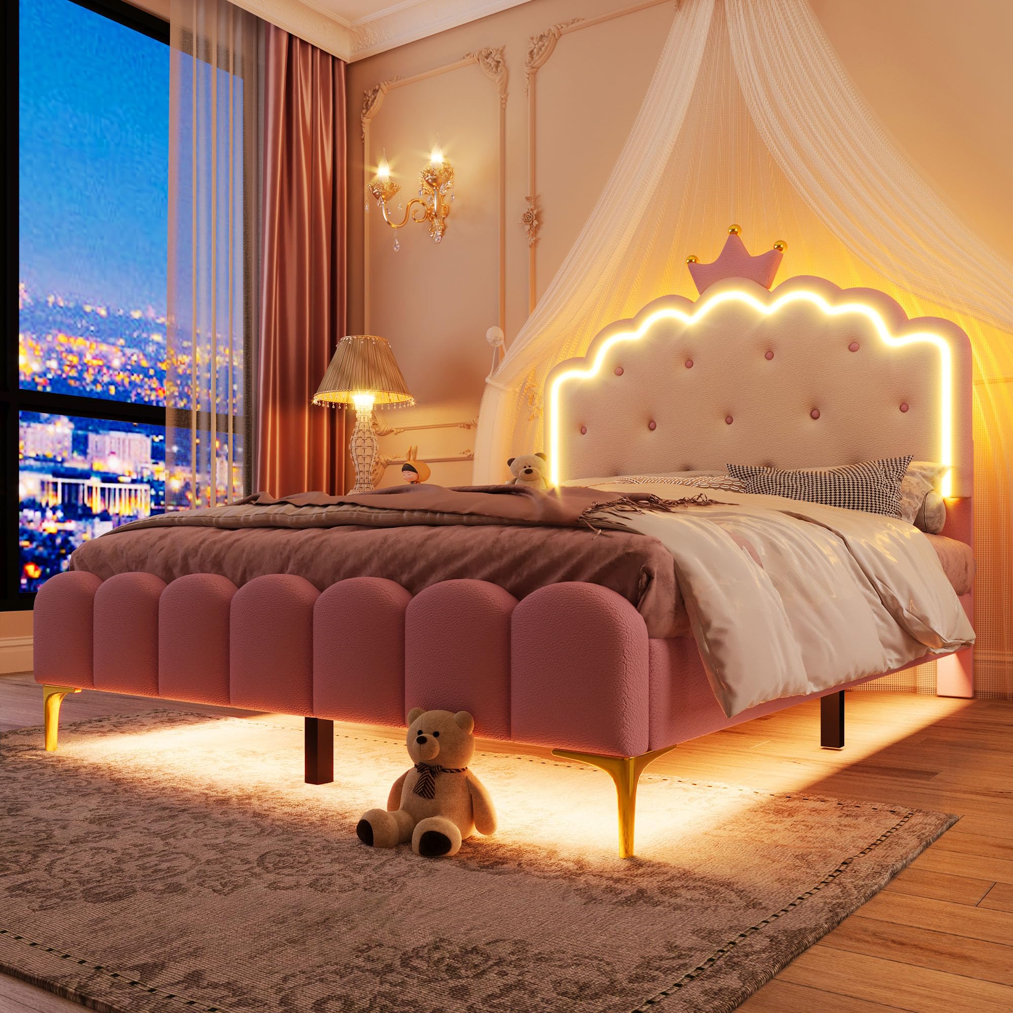 Lubvtti Letto per bambini 140x200cm con luce ambiente,letto singolo forma a corona di principessa,letto matrimoniale 140x200 con rete a doghe,PU,senza materasso,rosa