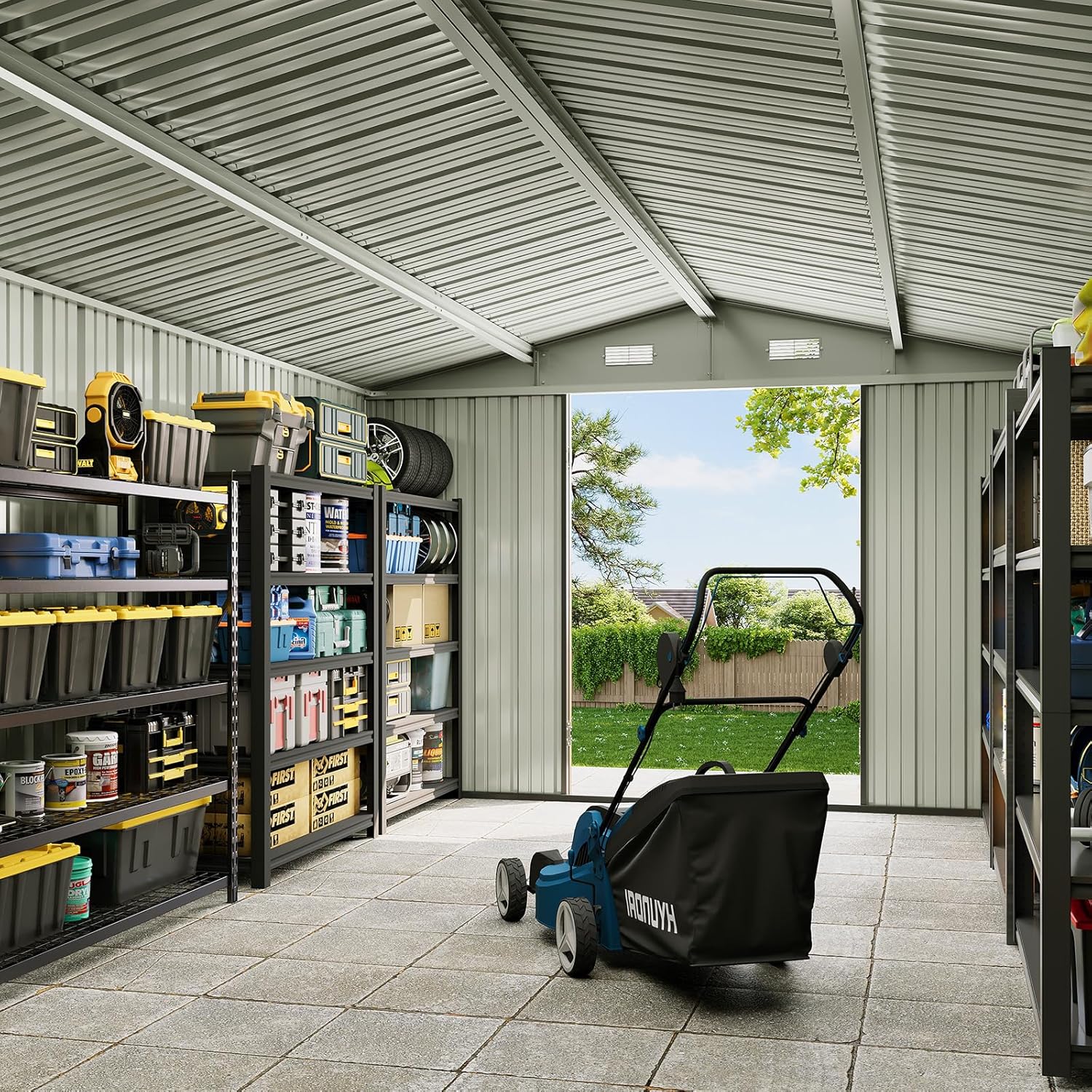 Interior view of the 10x12 FT storage shed with shelves and a lawnmower