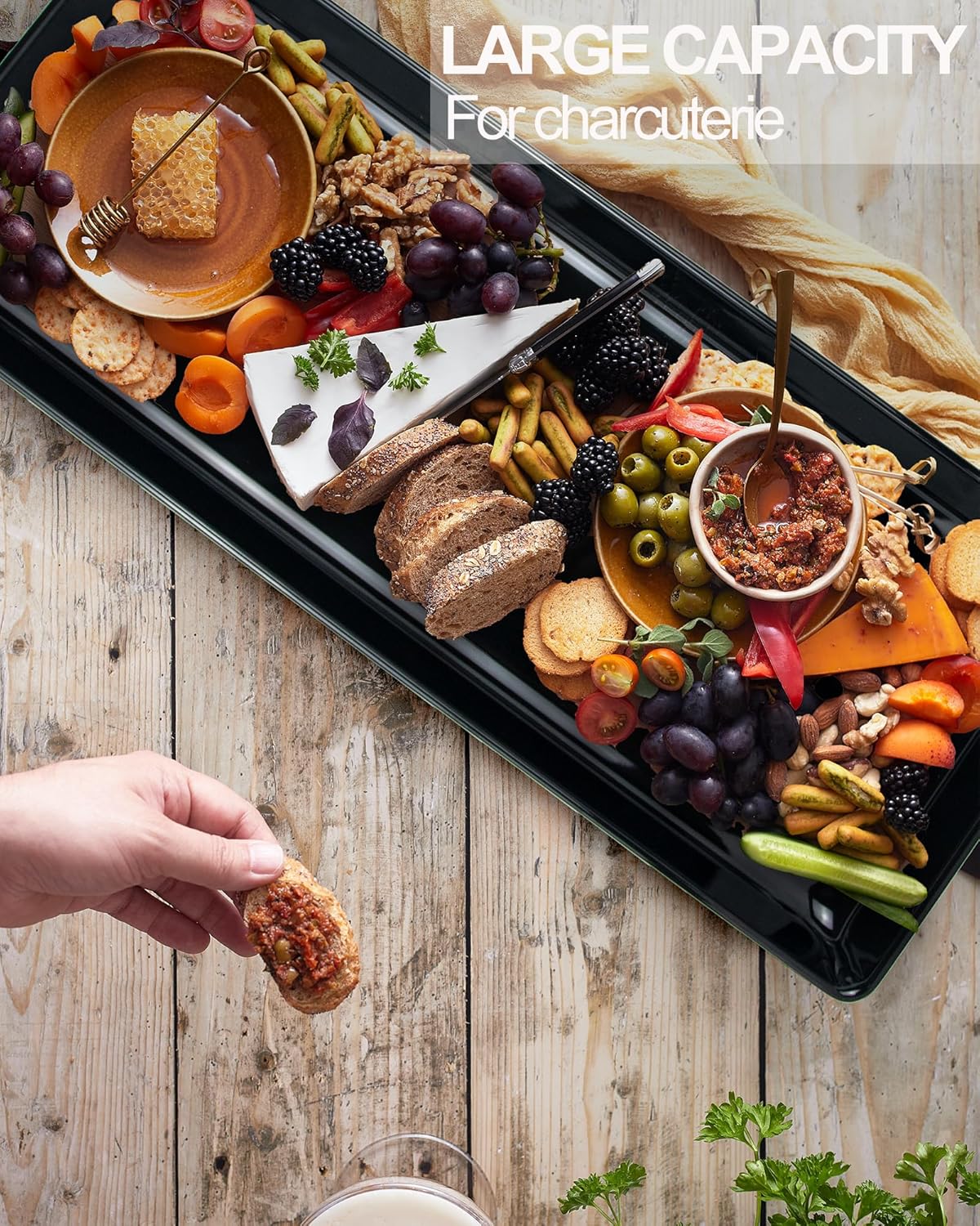 Long Melamine Serving Tray for Appetizer, Charcuterie, Bread, Fruit, Dessert, Stackable, Set of 2, Black, 17.3x8x1.5 inch - Image 3