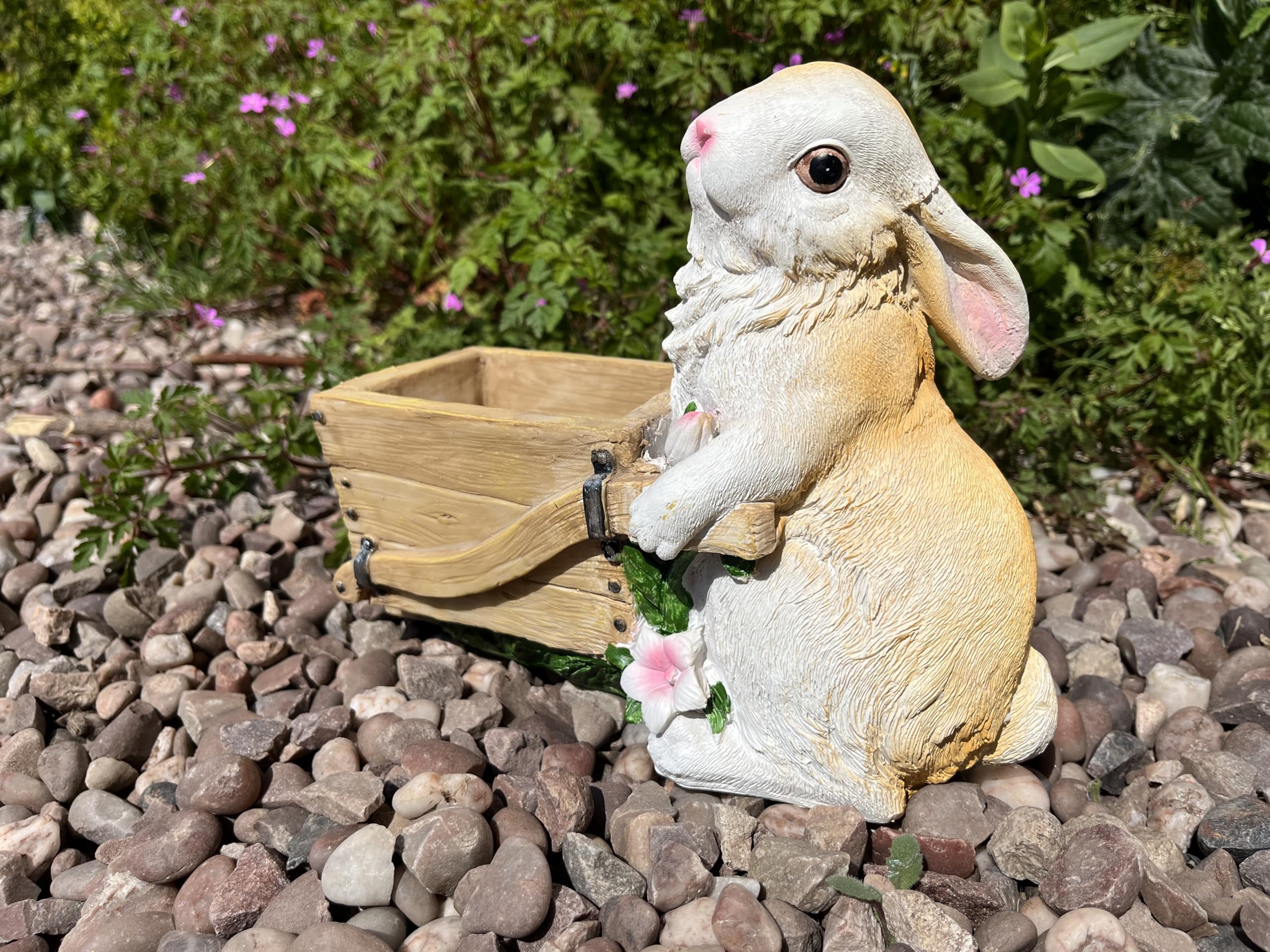 Rabbit Planter Ornament Resin Bunny Decorative Flower Pot Cart Flowerpot Animal Sculpture Patio Decorative Figure Indoor Outdoor Lawn Yard Home Decoration (Beige Rabbit Wheelbarrow) — image 1