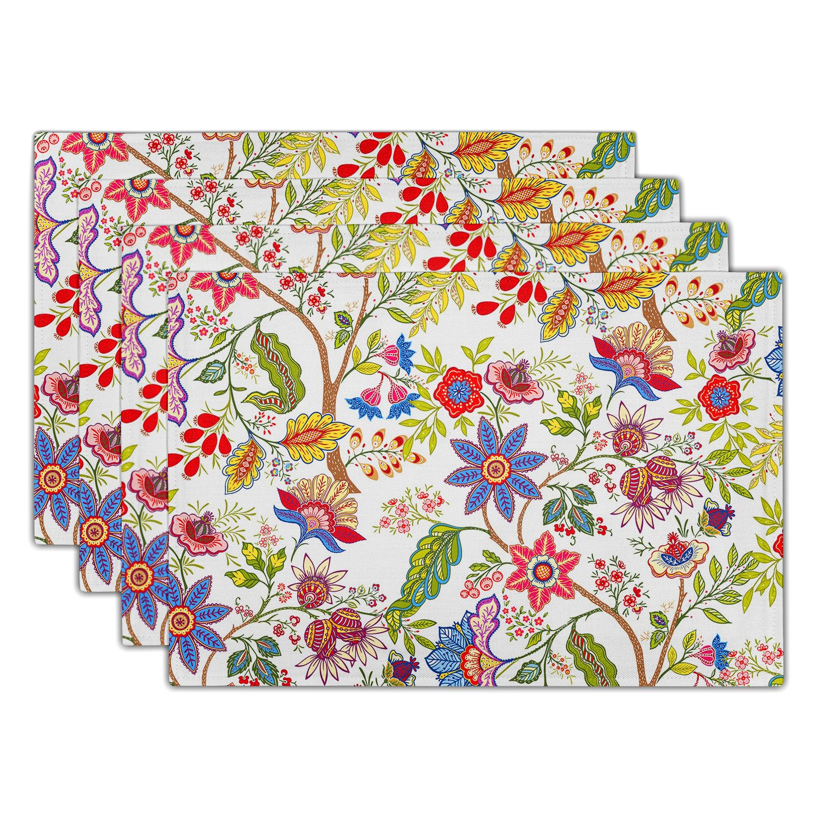 Colorful Flowers Placemats Set of 4 Linen Spring Summer Watercolor Floral Place Mat Washable Non-Slip Heat Resistant 12×18 Inch Thick Place Mats Decorative Fabric Table Mat for Dining Table