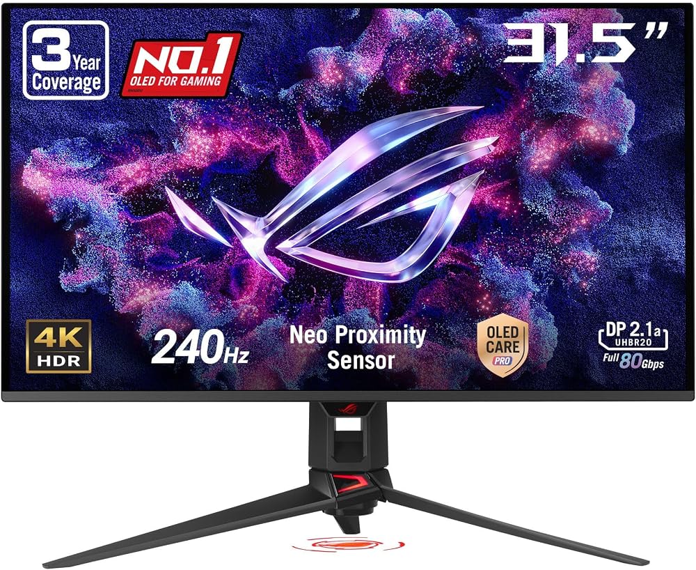 ROG PG32UCDMR 32 Inch 4K 240Hz OLED Gaming Monitor QD-OLED | OLED Care Pro, 0.03ms, G-SYNC Compatible, USB-C 90W, DisplayWidget Center, 99% DCI-P3, true 10-bit, for PS5 and Xbox