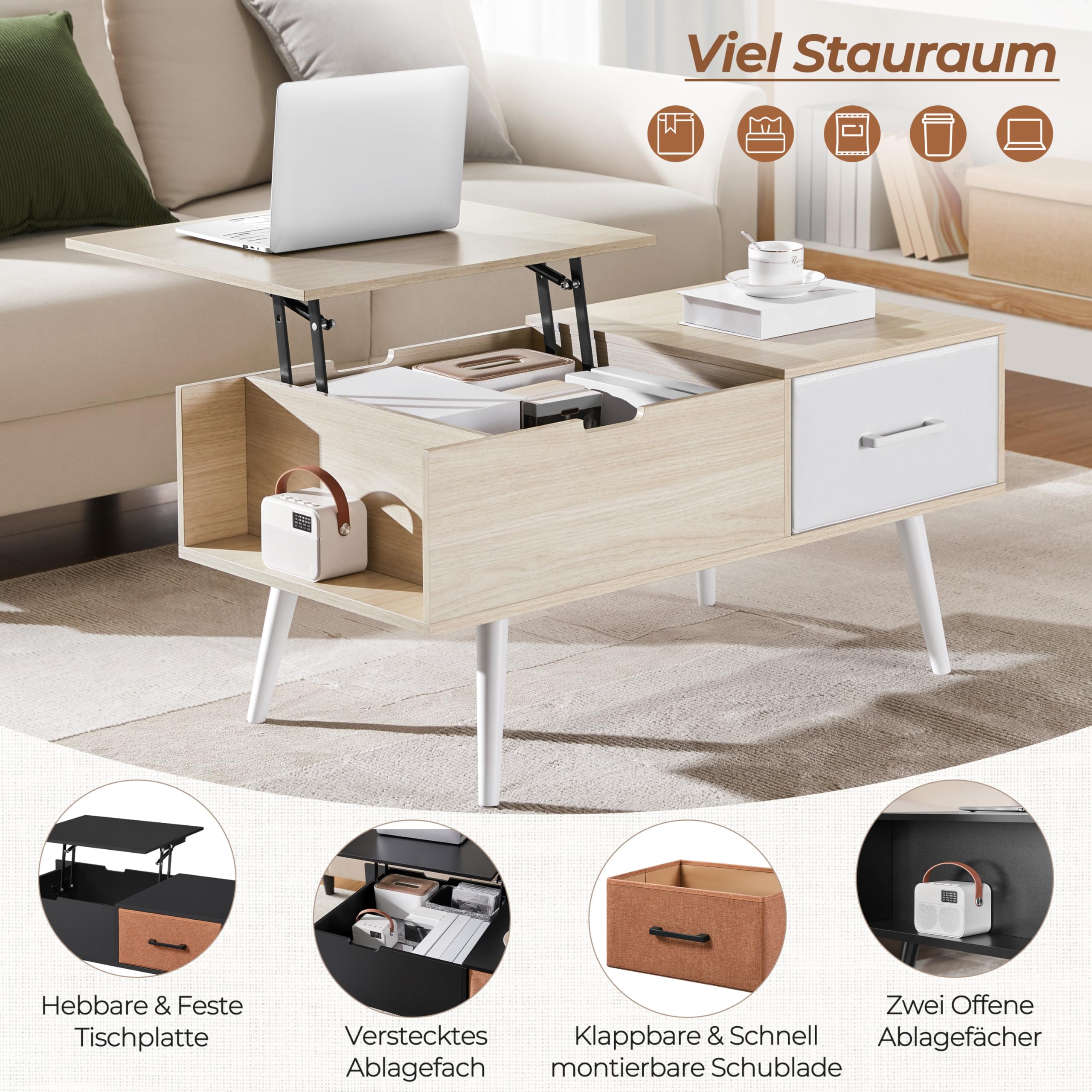 Yaheetech Couchtisch Höhenverstellbar, Beistelltisch mit Stauraum & offene Fächer, Wohnzimmertisch mit Geteilter Tischplatte, Lift-Top Kaffeetisch fürs Wohnzimmer/Esszimmer, Helle Holzfarbe | Seitlich und versteckt, ausgestattet mit 1 Schublade und Holzbe
