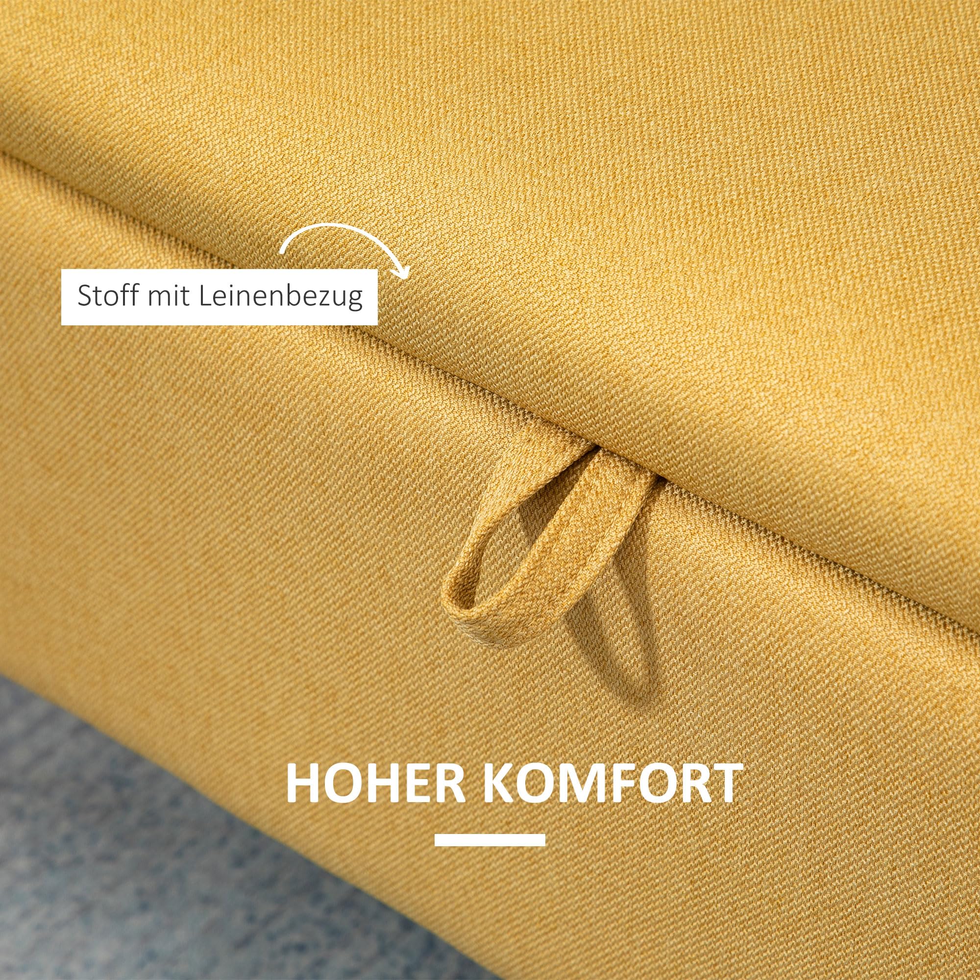 HOMCOM Sitzbank mit Stauraum, Polsterbank mit Leinenoptik, Sitztruhe mit Stahlbeine, Truhenbank für Wohnzimmer, Flur, Schlafzimmer, Bettbank bis 150 kg belastbar, 101 x 38,5 x 44,5 cm, Gelb