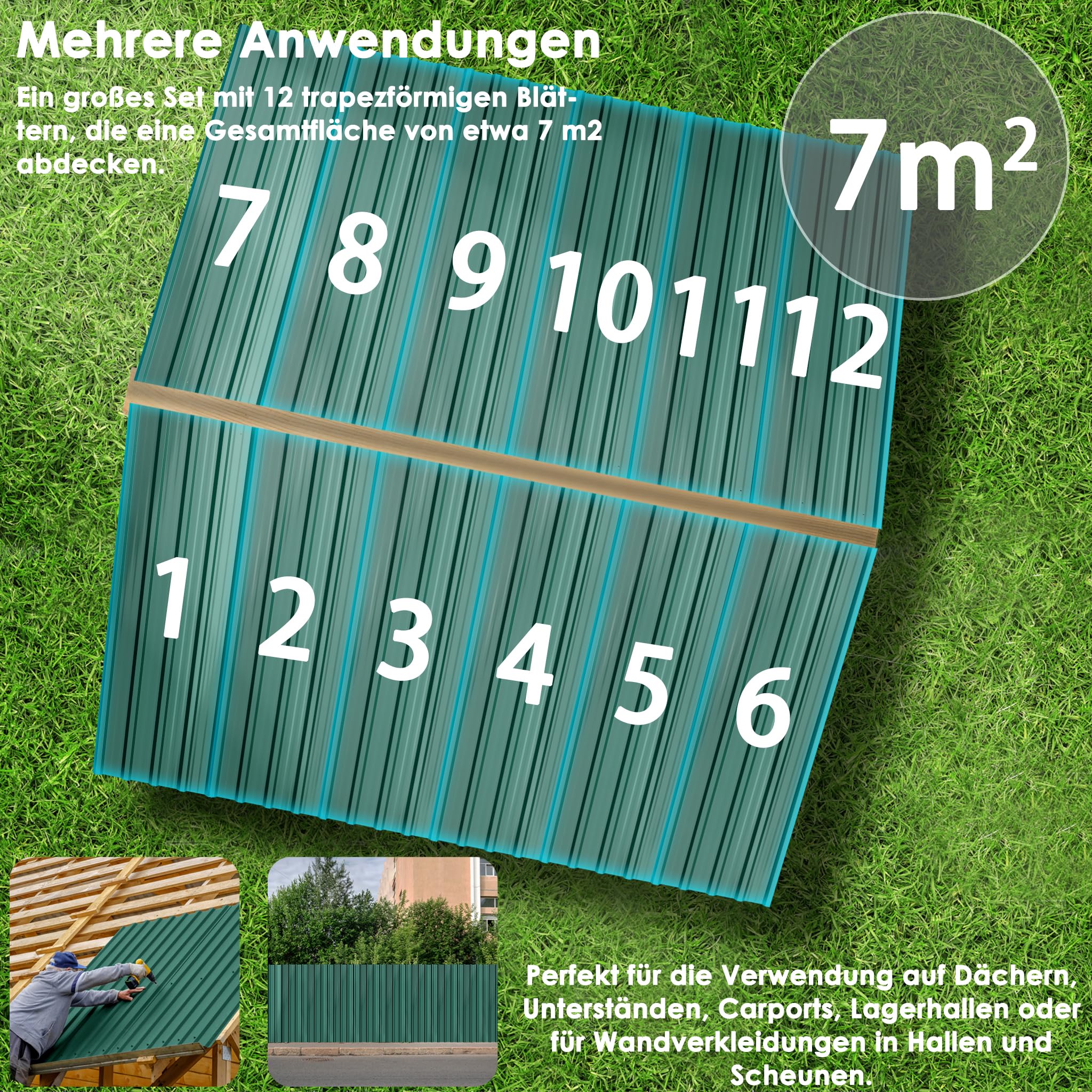 Ansobea 12 stuks trapeziumplaten, 129 x 46 cm, 7 m² dakplaten, profielplaat, verzinkt golfplaat, 0,25 mm, roestbestendig, met handschoenen, dakplaat