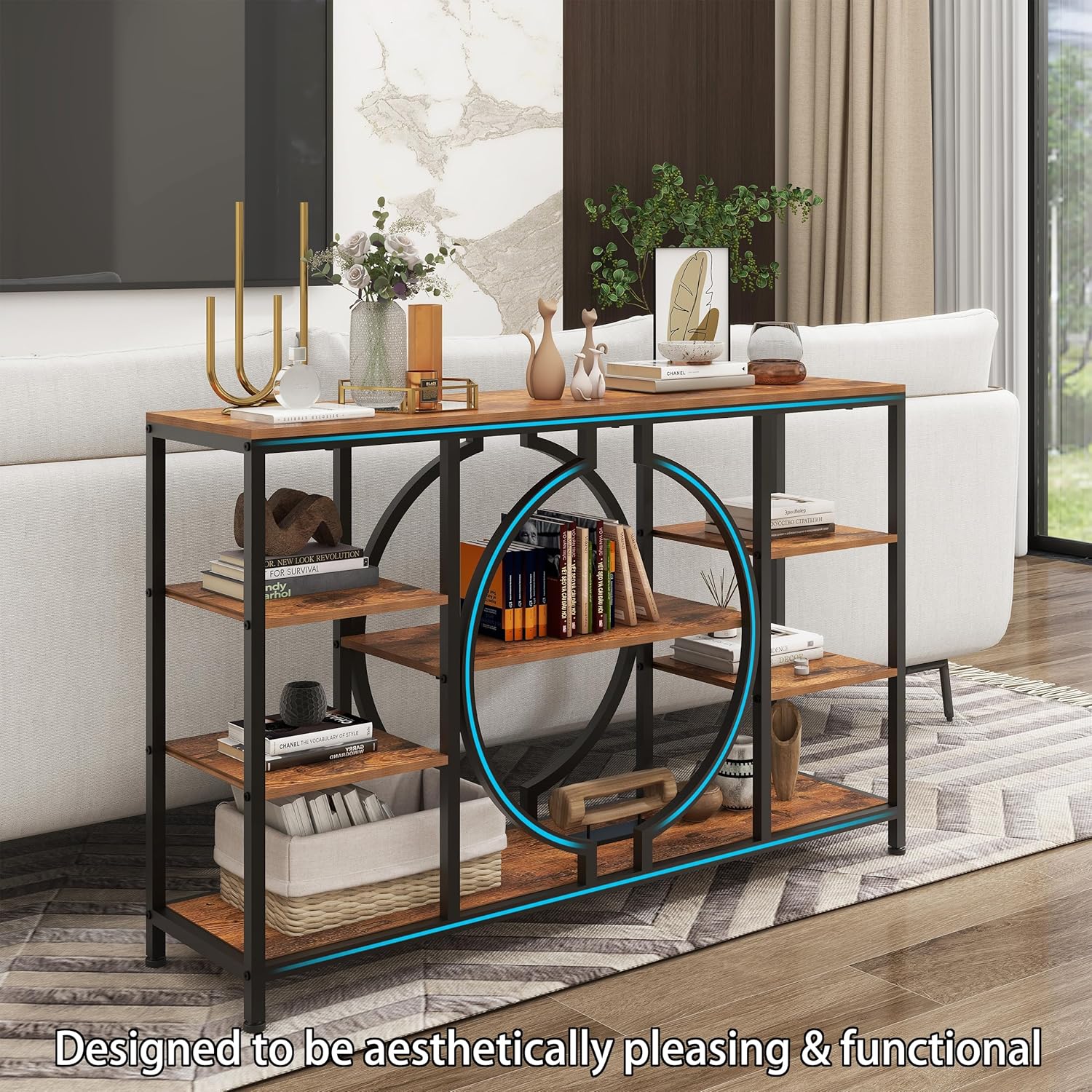 GiftGo 47" Industrial Console Tables for Entryway Rustic Sofa Table Behind Couch 4 Tier Wooden Shelves Entry Table with Storage for Foyer, Hallway, Front Door,Living Room (Rustic Brown, 47")