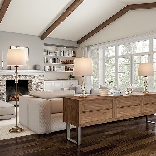 Lavish Home Juego de 3 lámparas de mesa y pie a juego de iluminación curvada de acero calado para sala de estar, dormitorio, oficina, LED de bajo