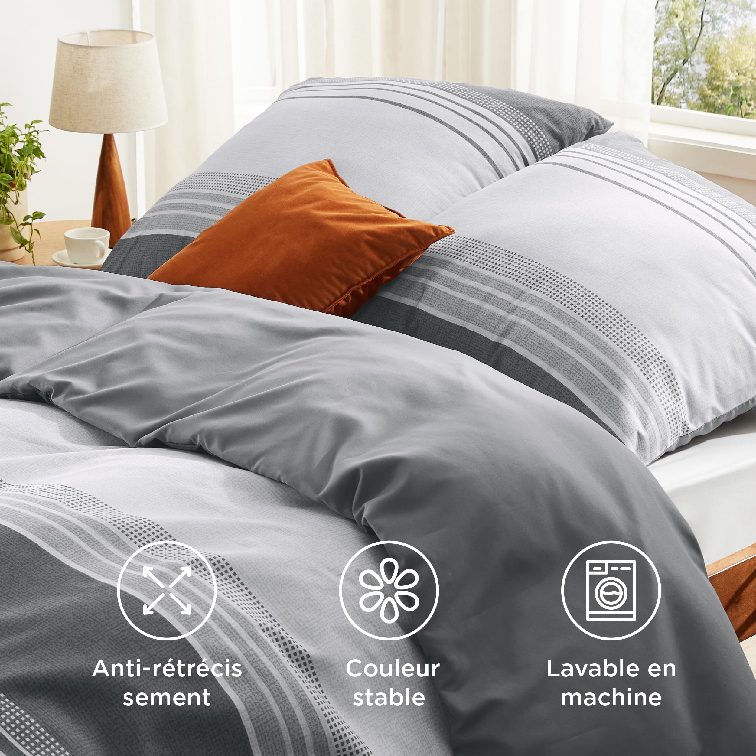 BEDSURE Pościel 240 x 220 cm, 3-częściowy komplet pościeli 240 x 220 cm z 2 poszewkami na poduszkę 65 x 65 cm, Öko-Tex, dwustronna, wzór w szare paski, z zamkiem błyskawicznym