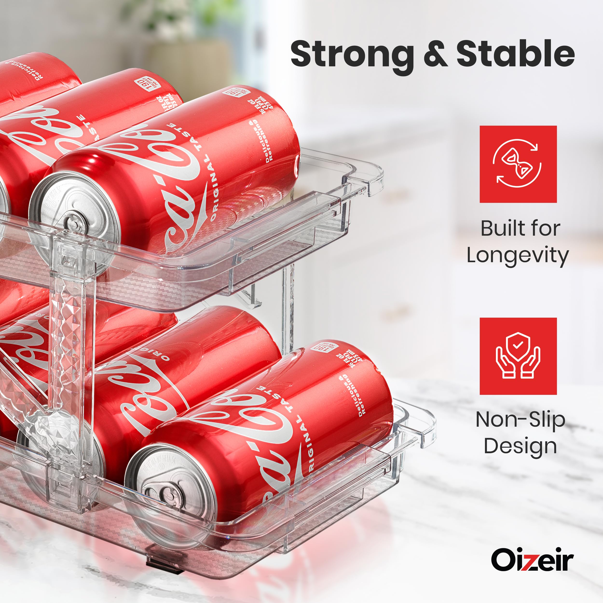 Dispensador de latas de refresco expandible, paquete de 2, diseño transparente para refrigerador, cocina y despensa, organizador de almacenamiento para latas, botellas de bebidas, alimentos enlatados
