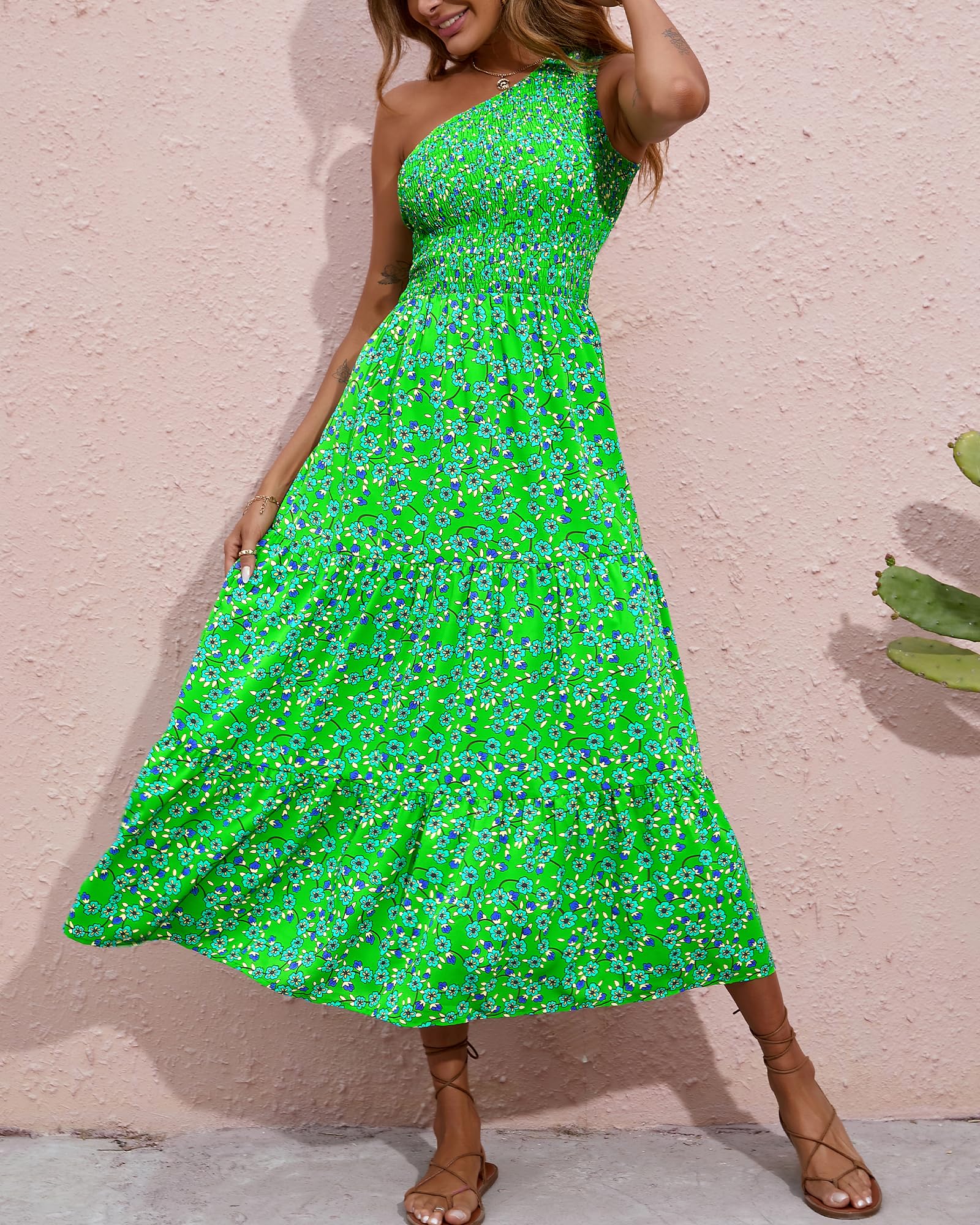 BTFBM 2025 Summer One Shoulder Dresses for Women Casual Sleeveless High Waist Floral Flowy Smocked Boho Beach Maxi Dress