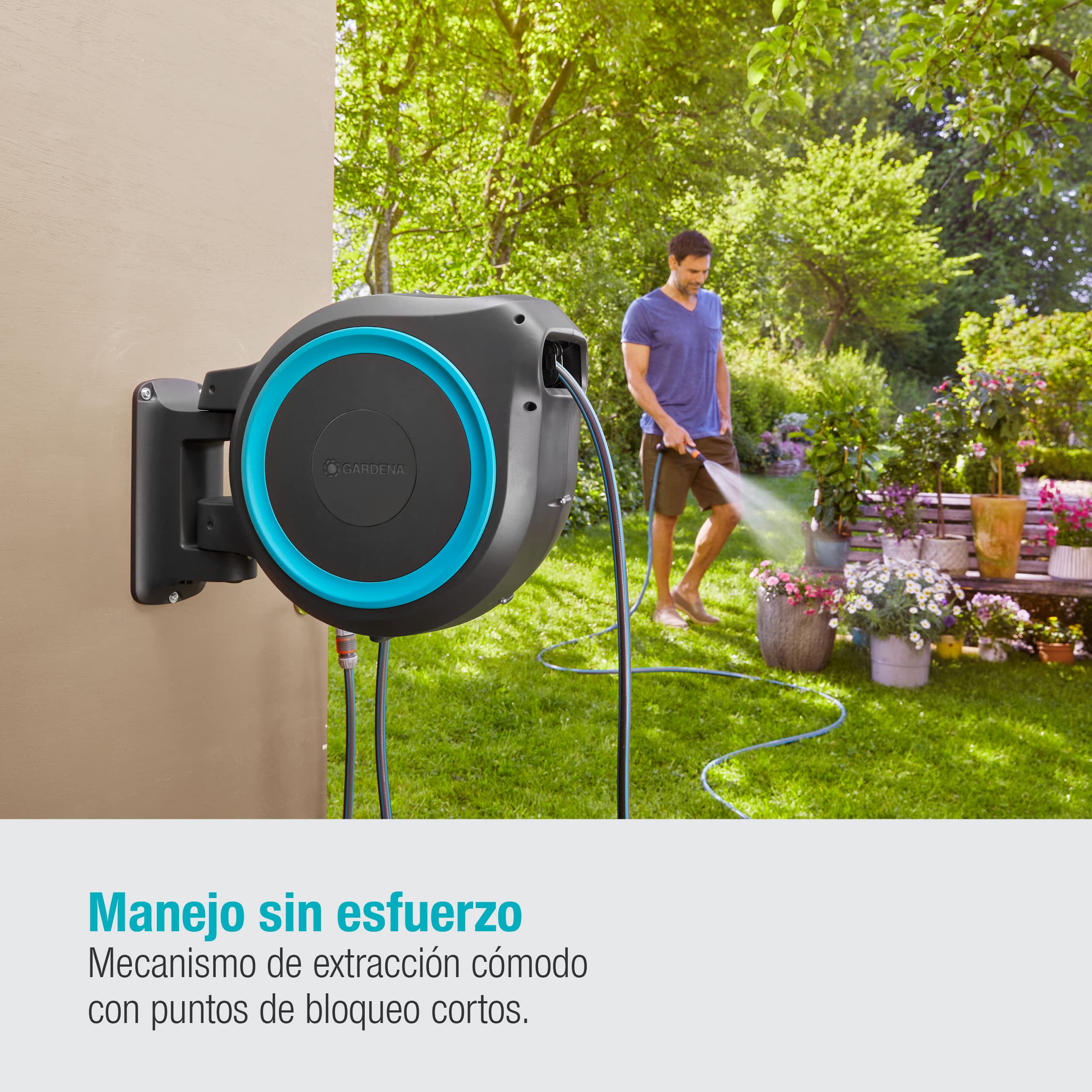 Gardena Carrete de Manguera para Pared Rollup M/L (Turquesa) de 25 M: Riego Flexible Jardines Grandes/Medianos, Carrete Giratorio, Incluye Manguera Calidad Gardena 25M y Auxiliar de Montaje (18620-20)