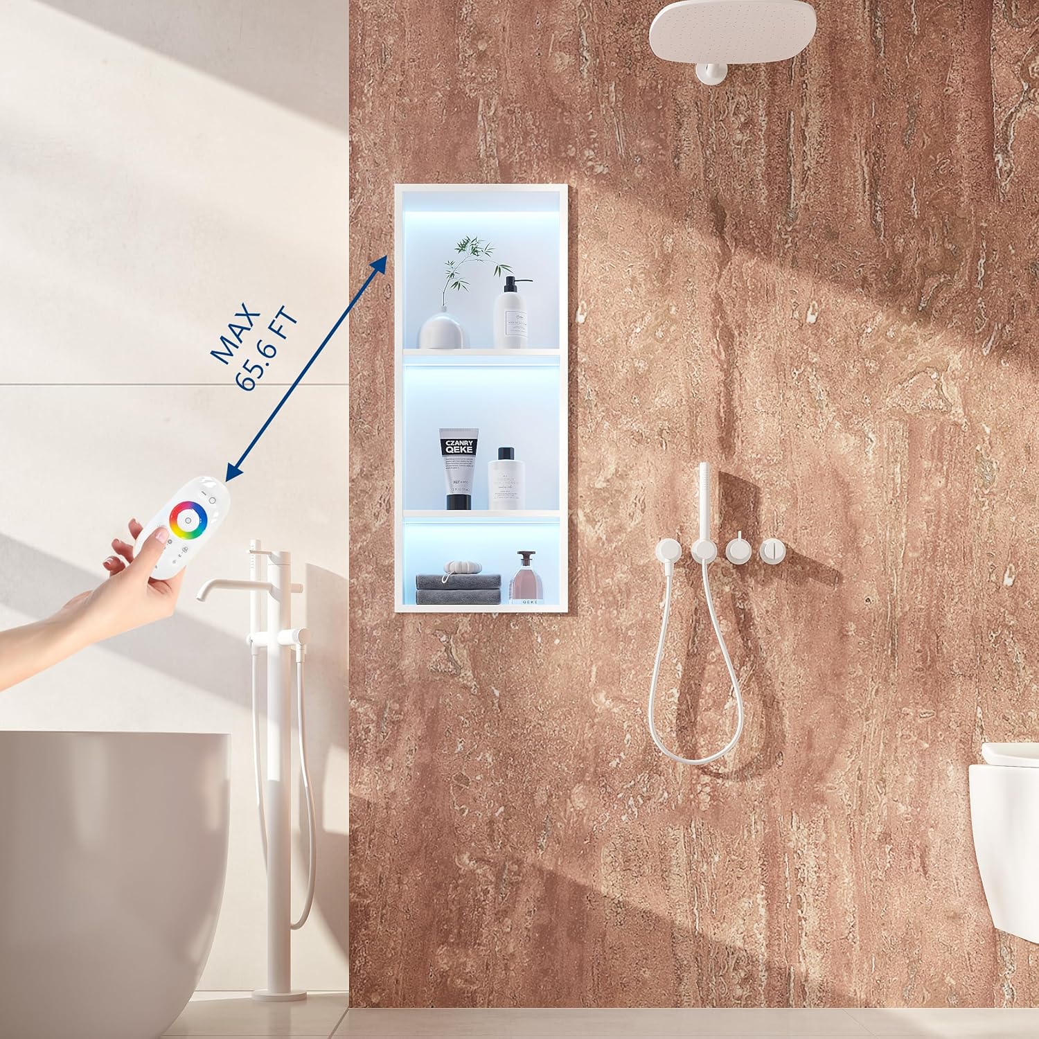Qeke Stainless Steel Shower Niche 12" X 30", 3-Tiers No Tile Needed Wall Niche with RGB Led Light, Recessed Shower Shelf for Bathroom Storage Over Mount Installation, Matte White
