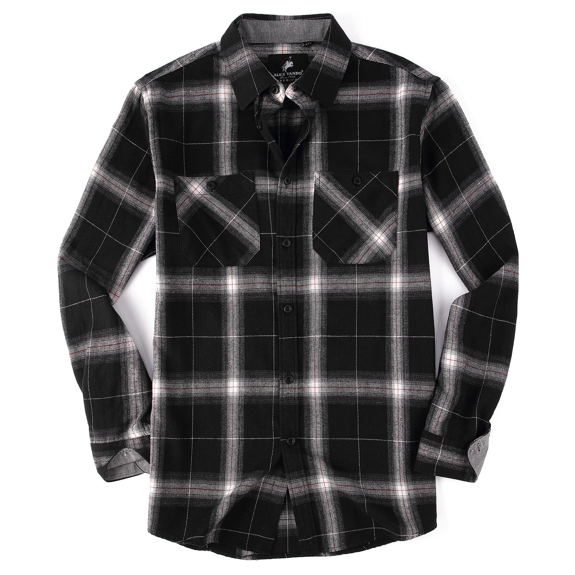 Alex Vando Mens Button Down Regular Fit Long Sleeve Casual Flannel Shirts | Soft washed cotton blend,Dual buttoned storage pockets,Multi-season wear,Washable,Nice present for male relatives Medium Black/White