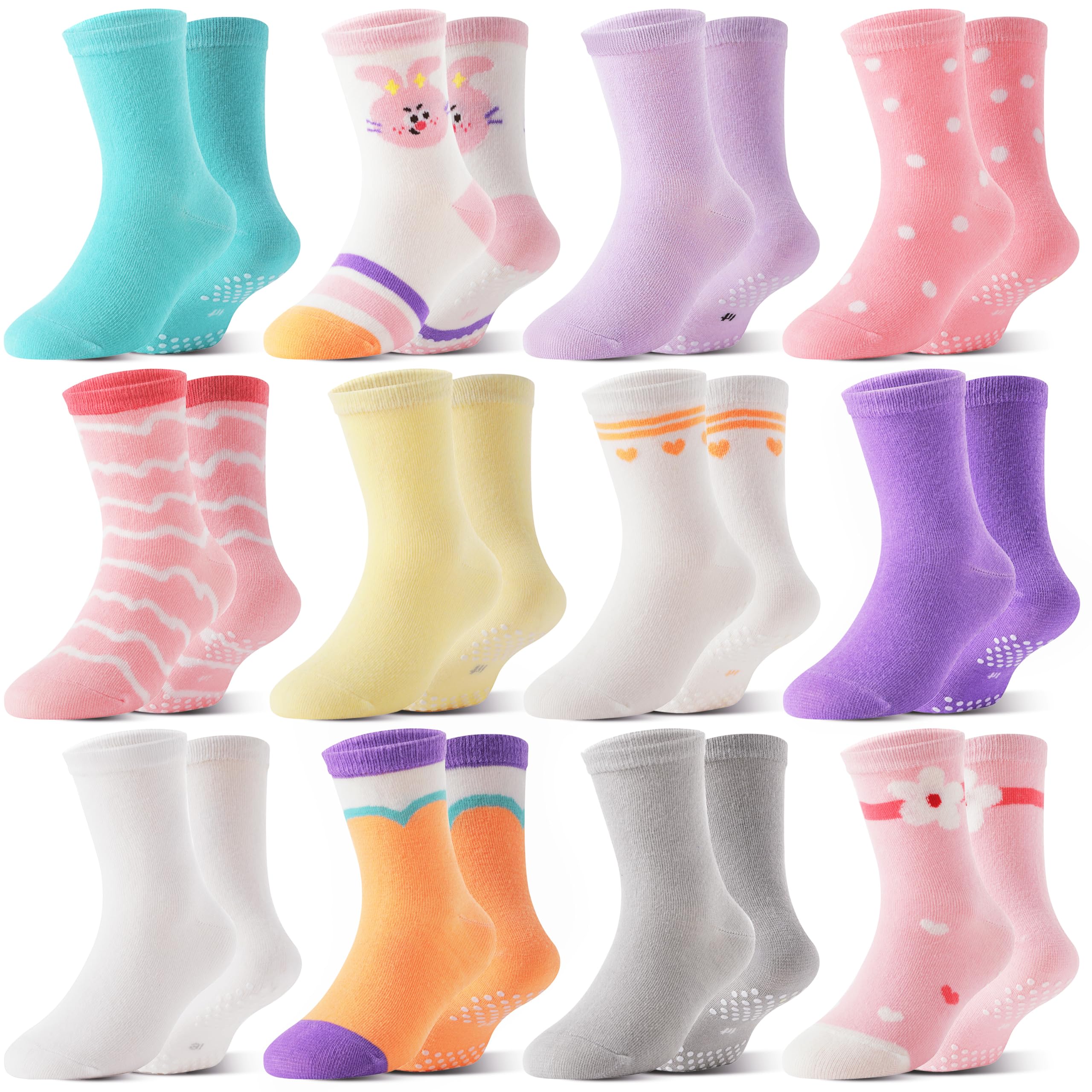 Photo 1 of Welwoos Baby Girls Toddlers Grips Socks Kids Non Slip Anti Skid Funny Animal Cartoon Gift Cotton Socks with Grippers 12 Pairs Stocking Stuffers(Cartoon Colorful,1-3Y)