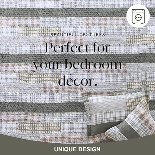 Vista 32 de Y-PLWOMEN Colcha de tamaño King – Colcha de 100% algodón, color gris, colcha acolchada a cuadros, 3 piezas, ligero, reversible, tamaño King