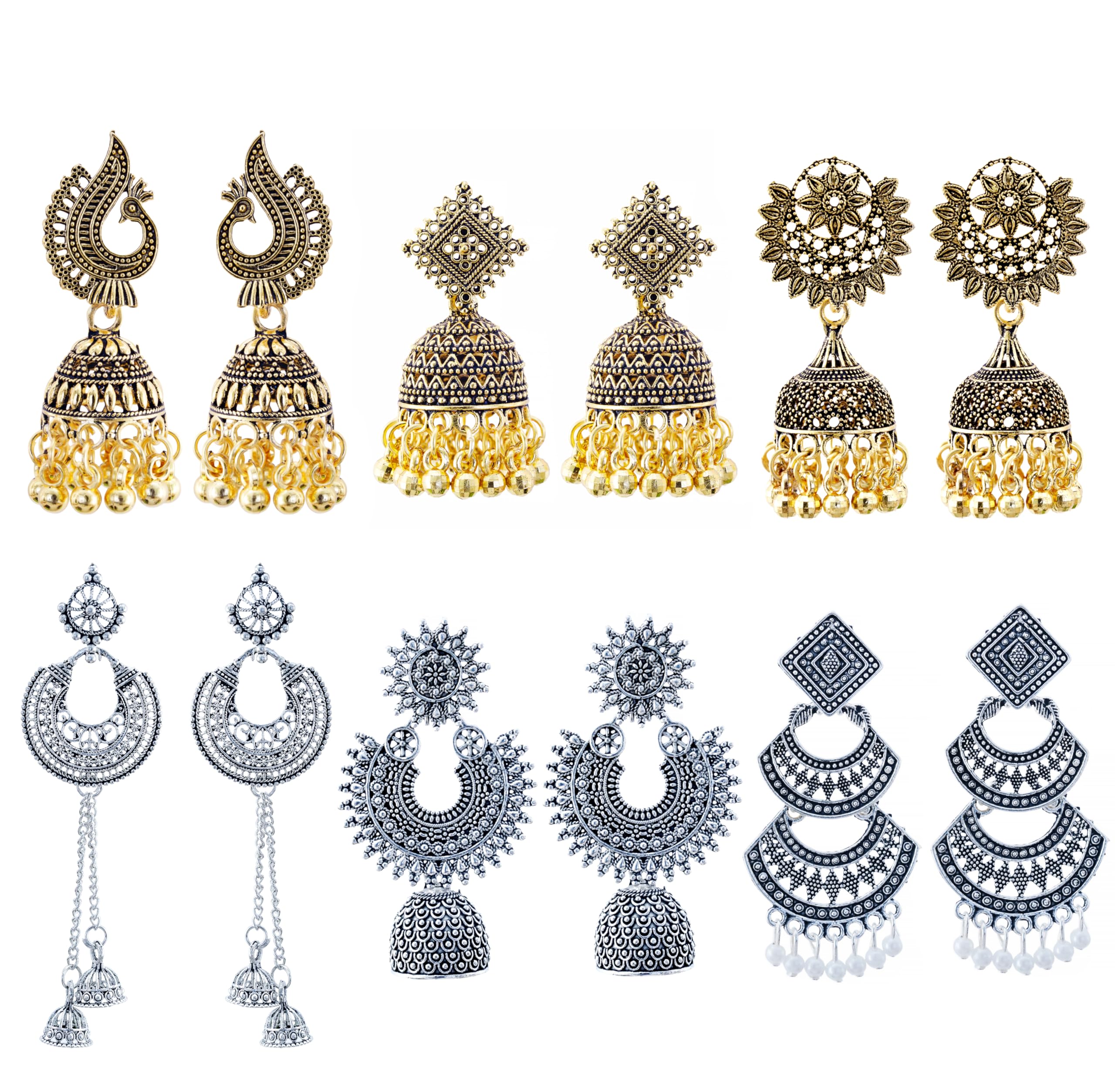 FUBS Combo 6 Silver and Golden Designer jhumkas with 2 Adjustable Silver Rings | Gift Set | Anniversary Gift | Birthday Gift for Girls & Womens (B0DF297FDD) Amazon Price History, Amazon Price Tracker