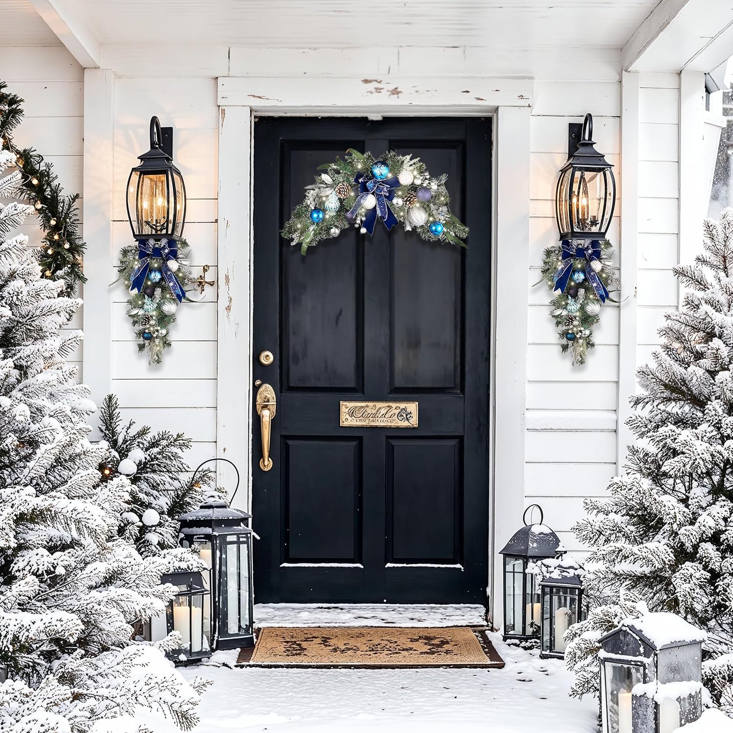 Valery Madelyn Pre-Lit Christmas Teardrop Swag for Decorating Outdoor, 24 Inch Silver Blue Mailbox Swag Decoration with 20 LED Lights, Ball Ornaments for Front Door Stairway Window Shelf Xmas Decor